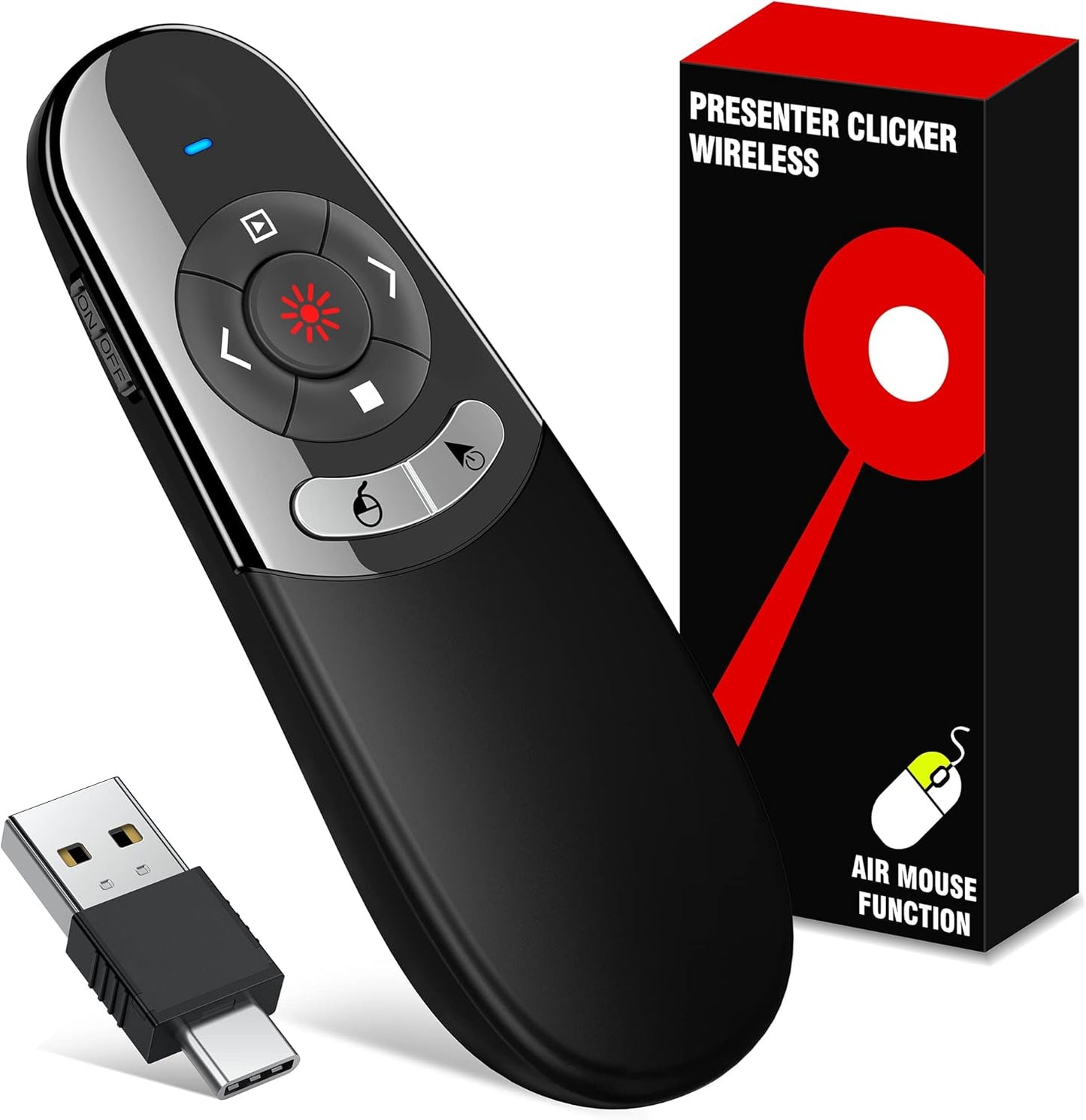 2 in 1 USB Type C Presentation Clicker Air Mouse with Red Light Pointer, Wireless Presenter for PowerPoint Presentation PPT Clicker, 2.4GHz Presenter Remote Slide Advancer for MacBook/Computer/Laptop