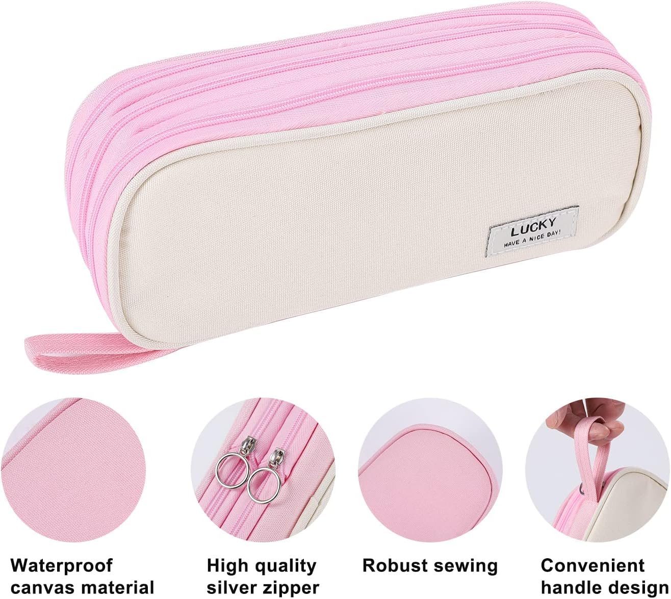 Big Pencil Case Zipper Pencil Pouch Organizer Large Capacity Pen Bag with Handle Portable for Girls Kids Adults Gift Pen Case for School Home Office Light-pink