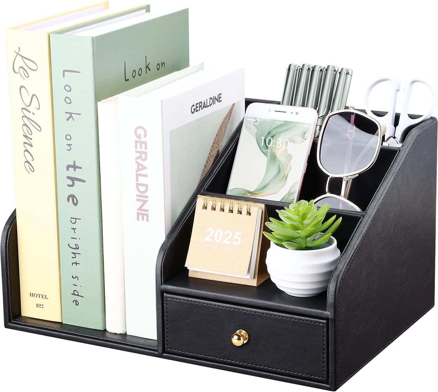 GORESE PU Leather Desk Organizer, File Organizer with Drawer and 4 Compartments, Desktop Organization with Magazine file Holder for Office Supplies, Elegant Gift for Men Who Have Everything, Black