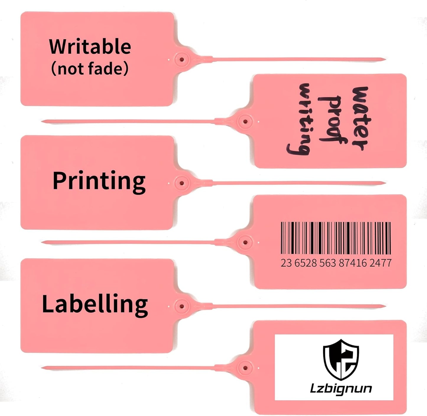 100 Plastic Tags: Big Waterproof Writable Label Ties with One Marker Pen (Pink)
