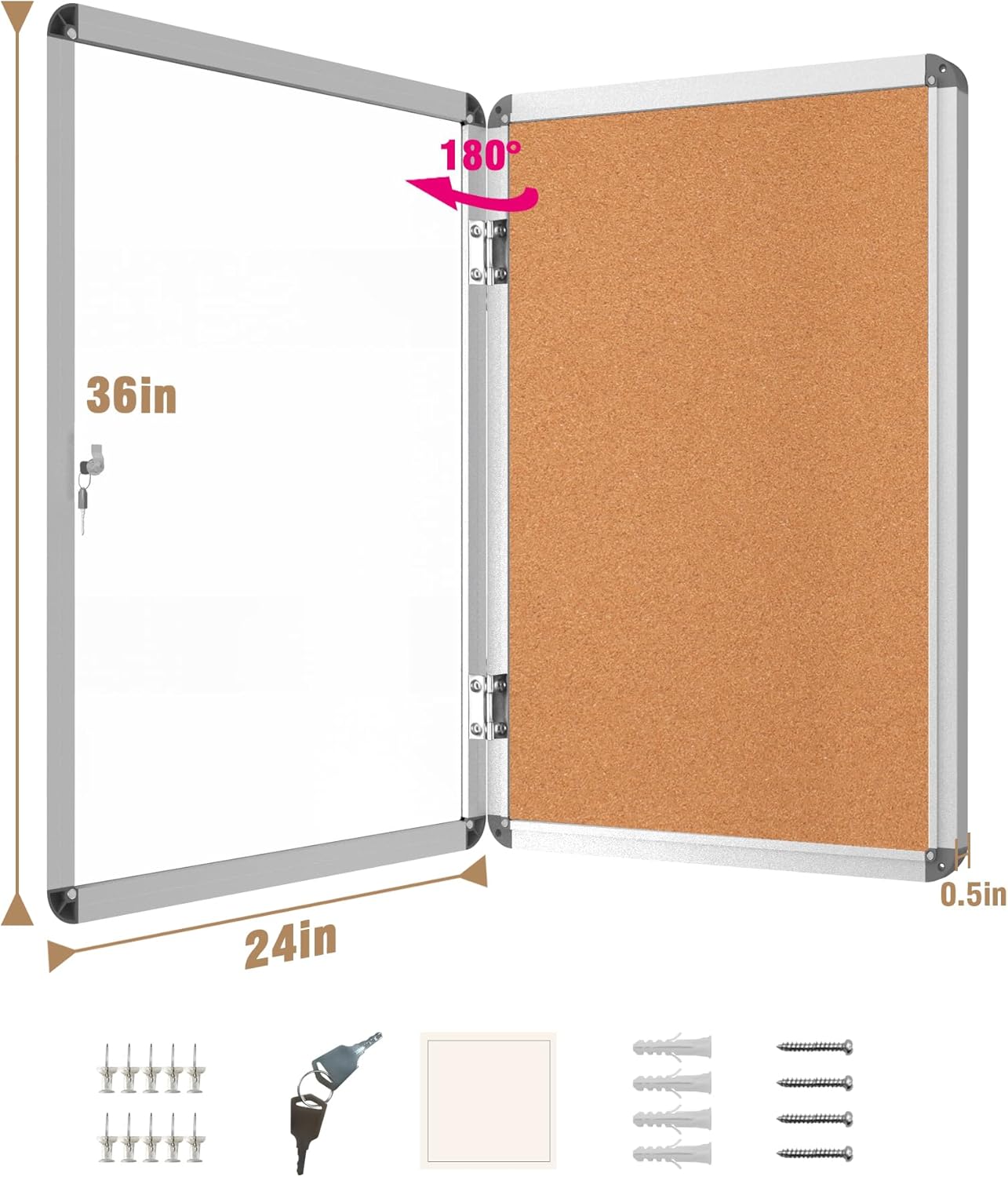36"x24" Enclosed Bulletin Board, Lockable Weather-Resistant Aluminum Cork Noticeboard for School & Office, Silver Frame w/Cork