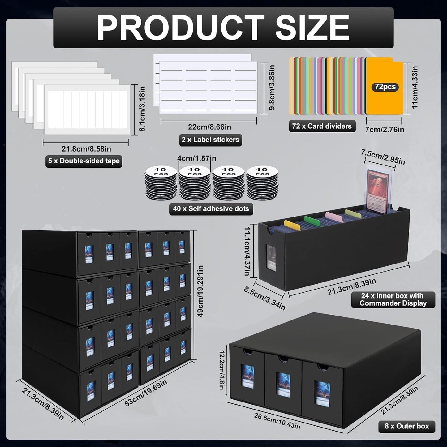 14400+ Card Storage Box, 2700+ Toploader Storage Box for Commander Display,with 72 Dividers, Labels & Tapes,Fit for TCG, PTCG, MTG