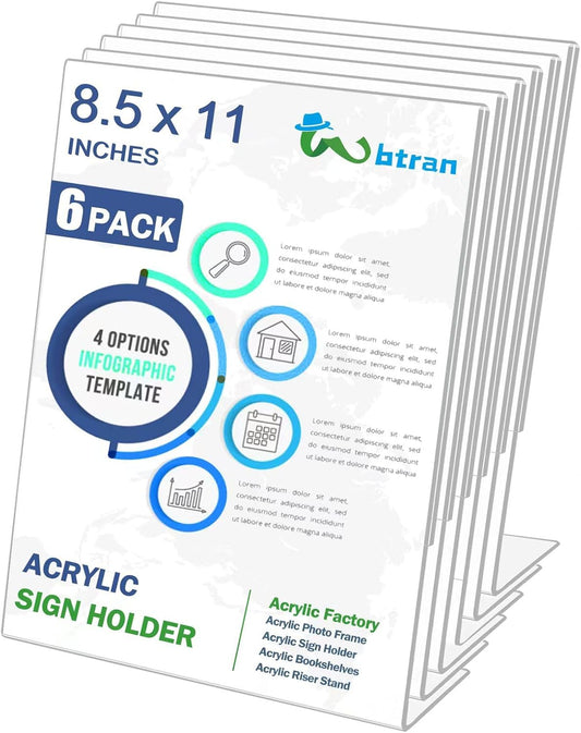 Acrylic Sign Holder 8.5 x 11, 6 Pack Slanted Back Sign Holders for Display, Clear Tabletop Plastic Paper Sign Holder for Office, Home, Restaurant