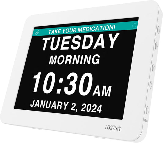 American Lifetime New 2025 Dementia Clock Large Digital Clock for Seniors, Alzeimer Clock Large Display with Custom Alarms, Clock with Day & Date for Elderly, Digital Calendar Premium White Pro