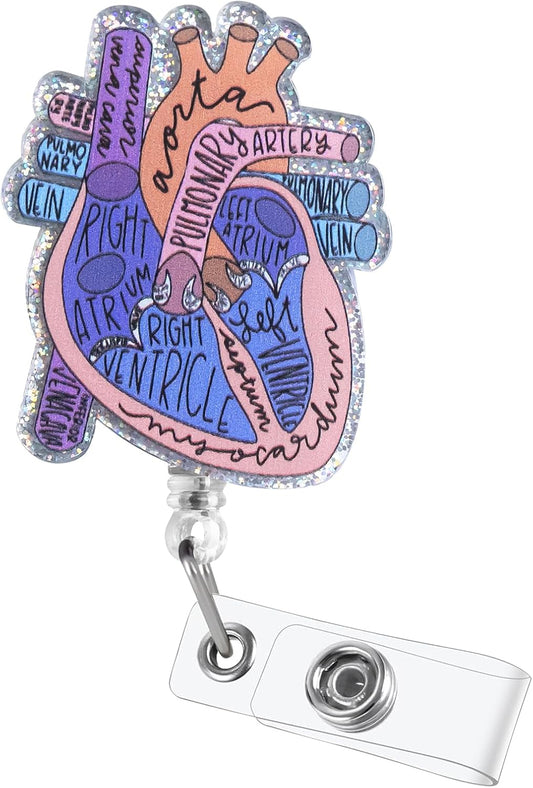 Cardiac Badge Holder Anatomy Funny Nurse Name Tag Holder Heart Retractable Reel ID Card Clip Pediatrics Nursing Badge Clips Medical Assistant for Doctor Student Teacher Office Clinic