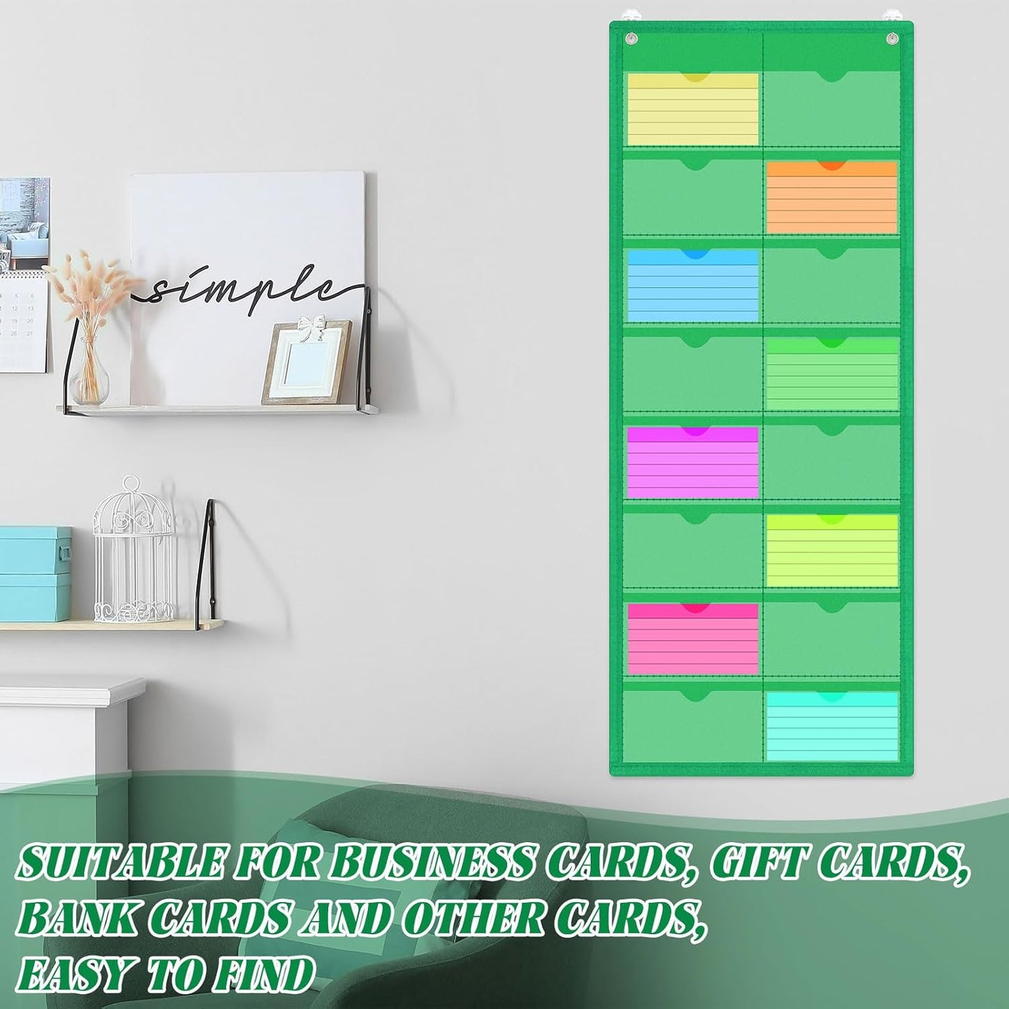 4 Pack 3'' x 5'' Index Card Holder Sleeve 16 Slot Plastic Organizer Hanging Wall Mount Business Note Cardholder PVC Clear Organizer Pocket for Classroom Office Library Home (Multicolored)