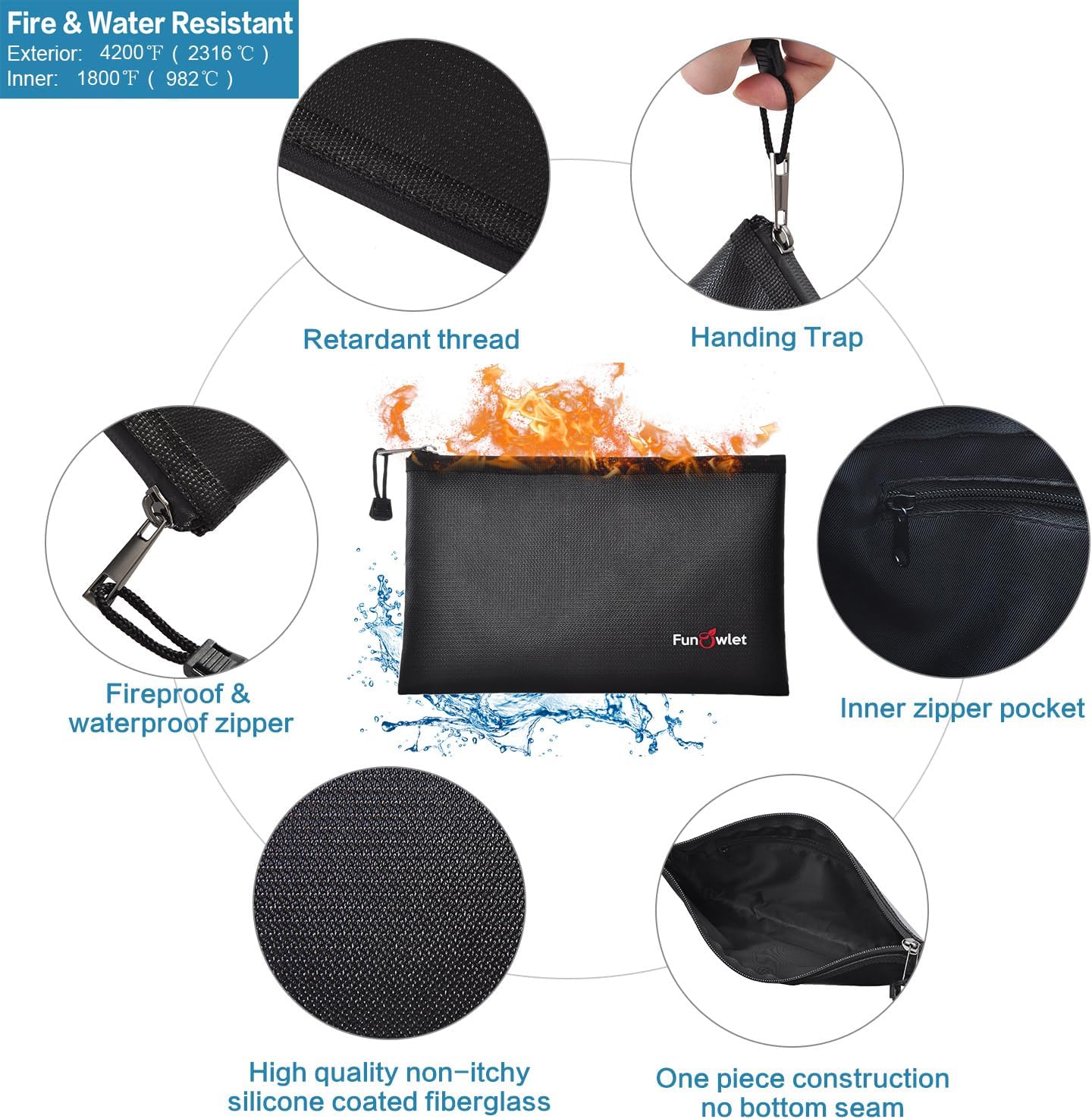 Fireproof Safe Money Document Bags - 2 Pack 13.4" x 9.8" and 10.6" x 6.7" Waterproof Zipper Bag, Fire & Water Resistant Storage Organizer Pouch for A4 A5 Documents Holder,File,Cash,Passport,Tablet