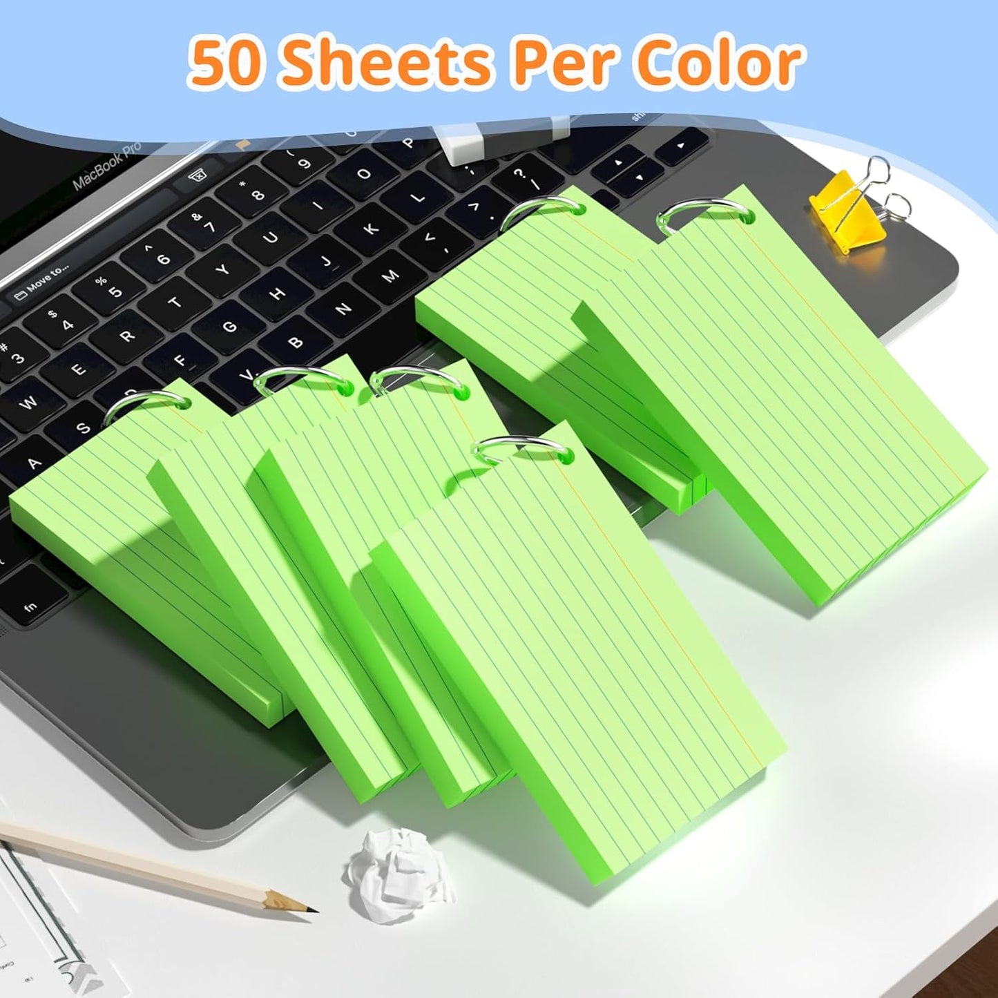 Index Cards 3x5 Inches, 300 PCS, Green Flash Cards With Ring, Punched Lined Study Card Ruled Flashcards Notecards, Ruled Front And Blank Back, Note Card for School, College And Home
