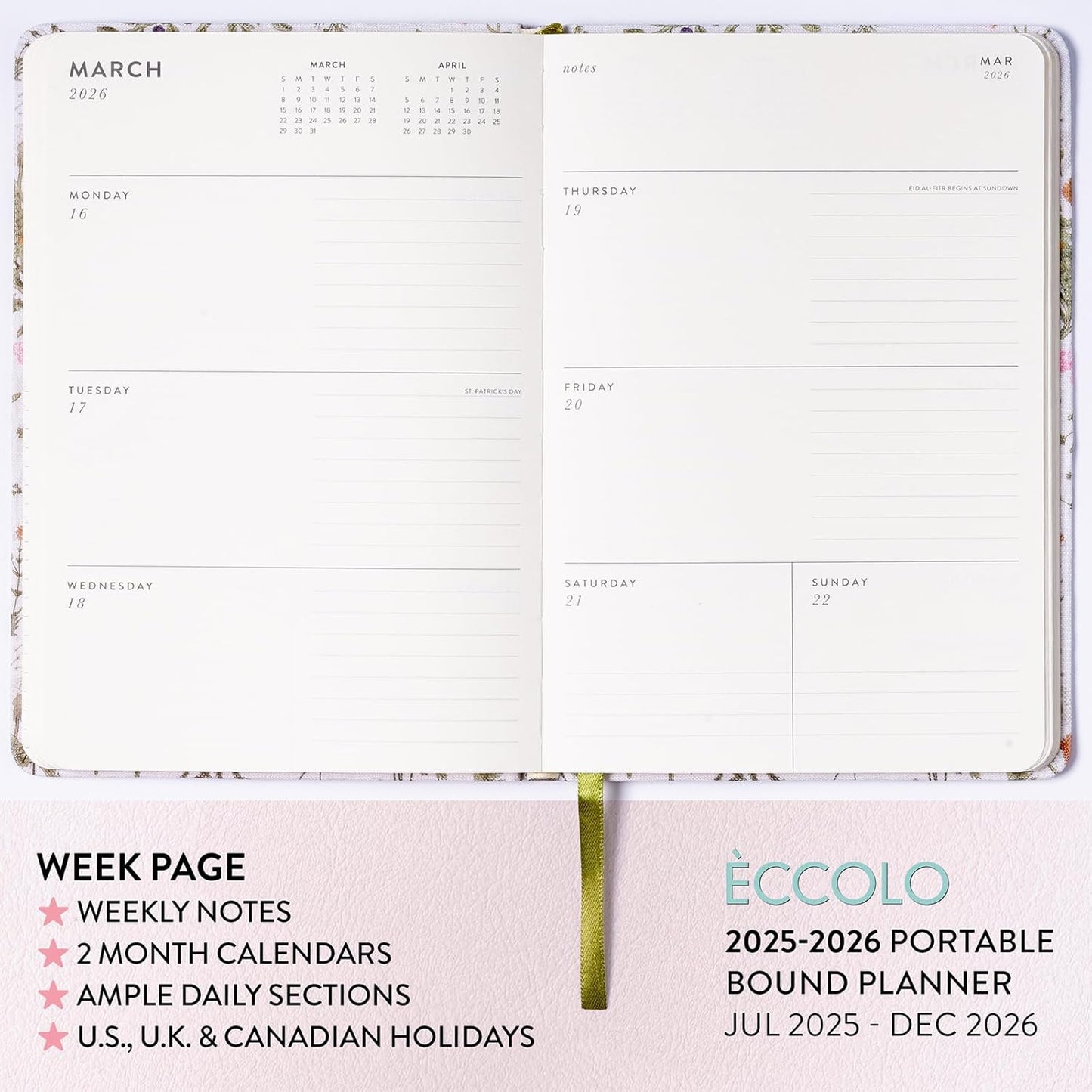 2025-2026 Eccolo 18 Month Linen Botanical Bound Planner, Monthly & Weekly Pages (5.25 x 7.75" - July 2025 - Dec 2026)