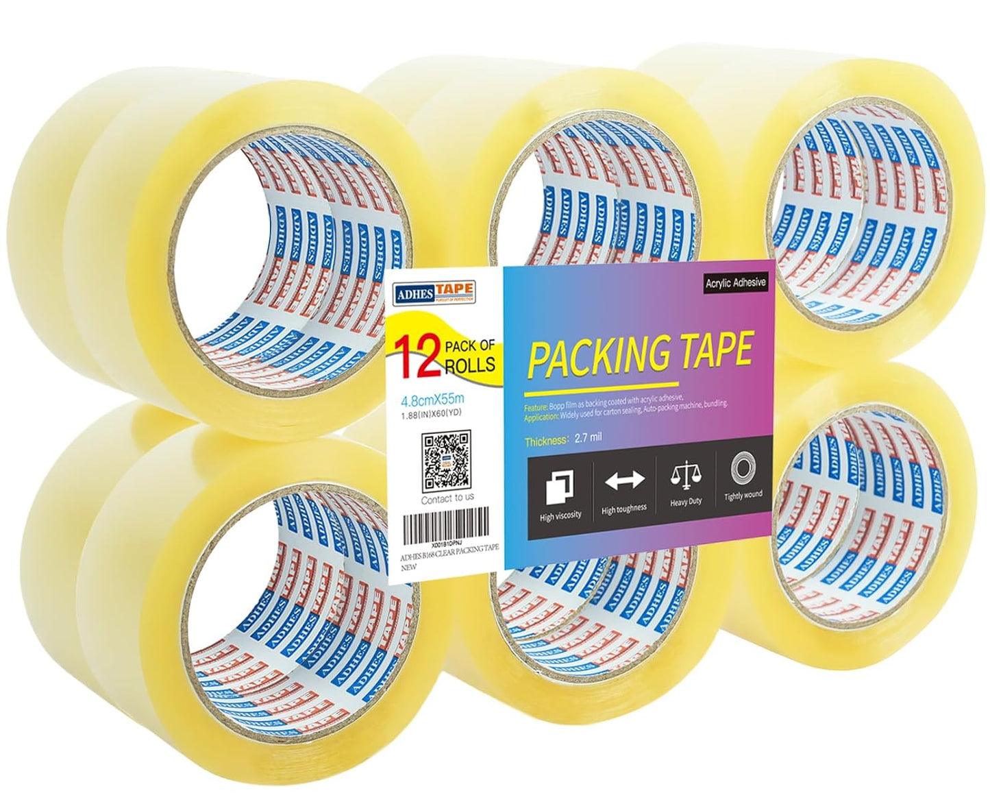 ADHES Packing Tape, 12 Rolls 1.88 inch x 60 Yards Clear Duct Tape 2.7Mil Heavy Duty Shipping Tape for Moving Boxes, Shipping, Mailing
