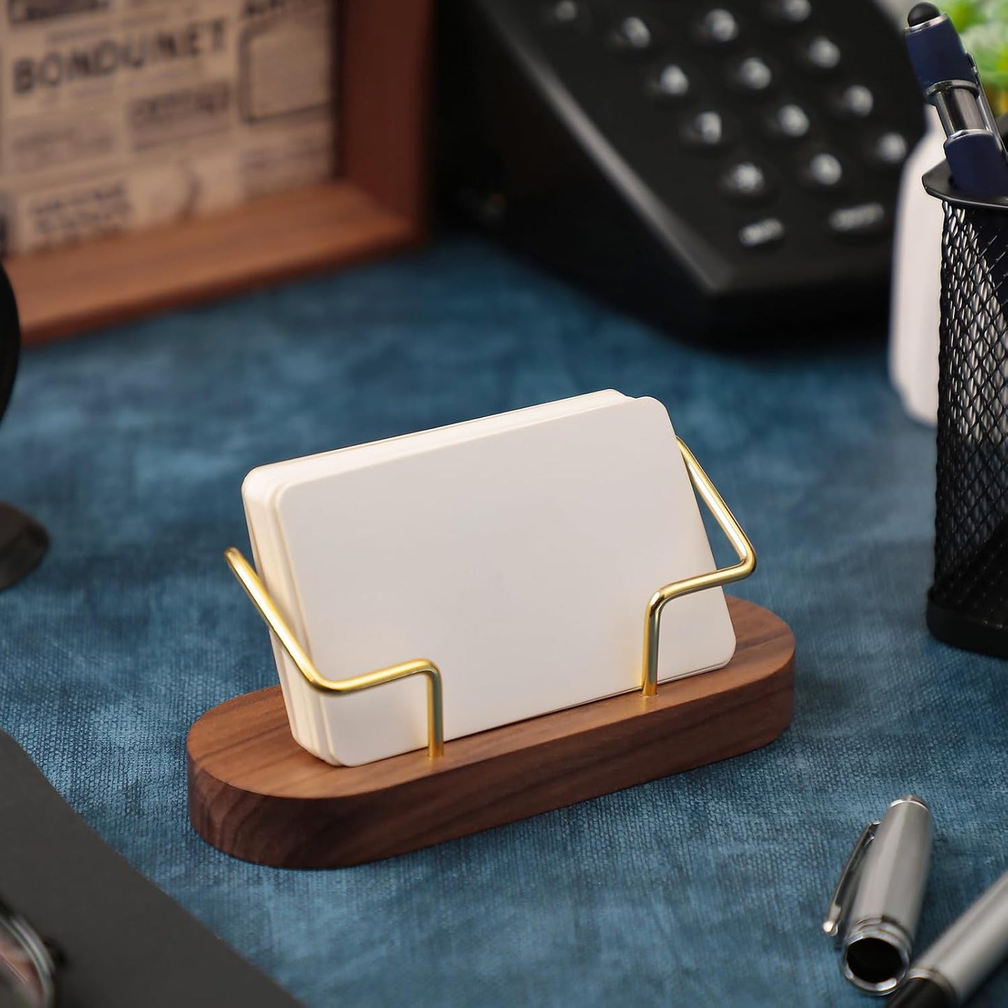 Amyhill 2 Pieces Wood Business Card Holder for Desk Wooden Business Card Display Stand Postcard Holder for Office Home Desktop(Brown)