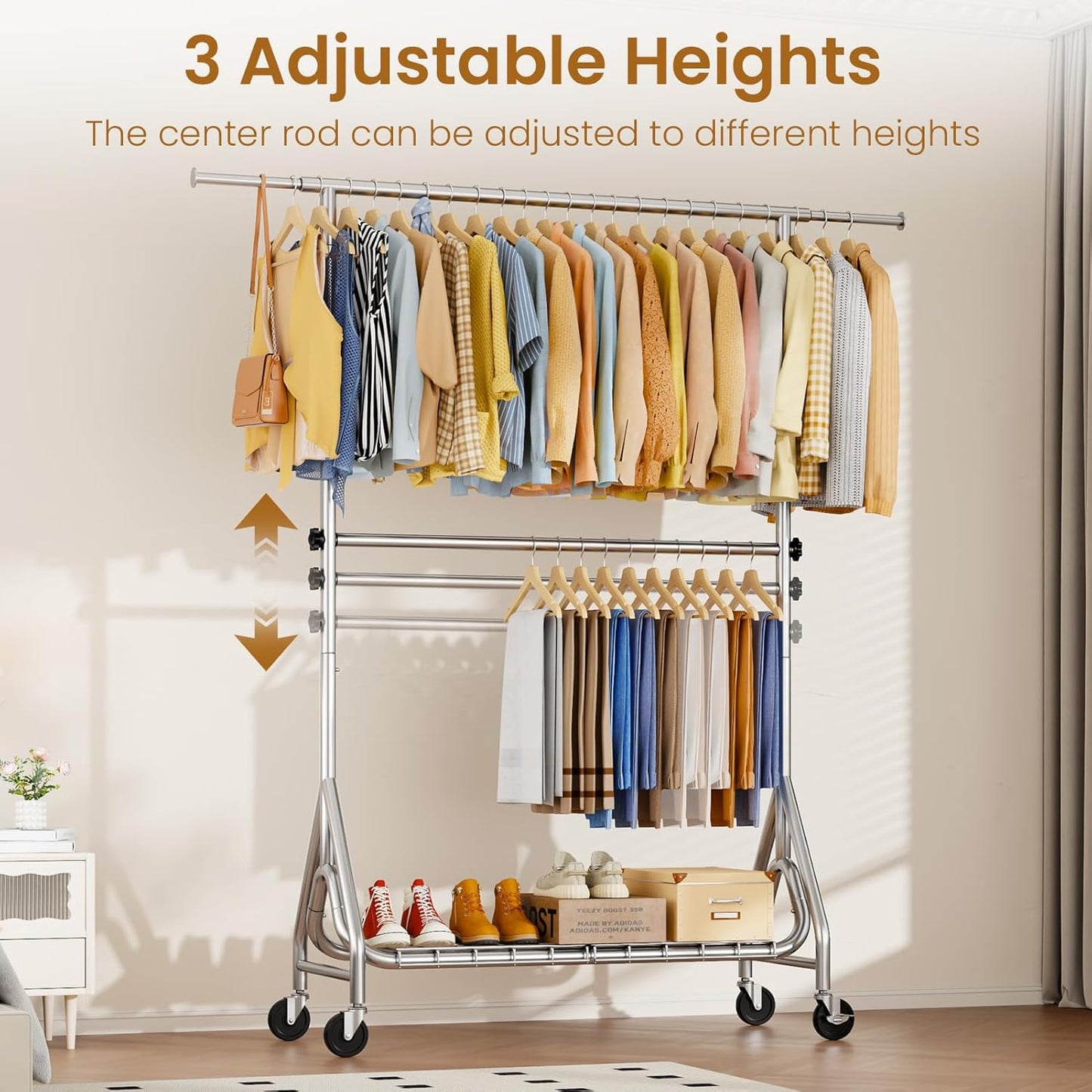 Double Rods Clothing Rack, Heavy Duty Clothes Rack for Hanging Clothes Load 560LBS, Metal Rolling Garment Racks with Wheels, Freestanding Clothes Hanging Racks, Silver