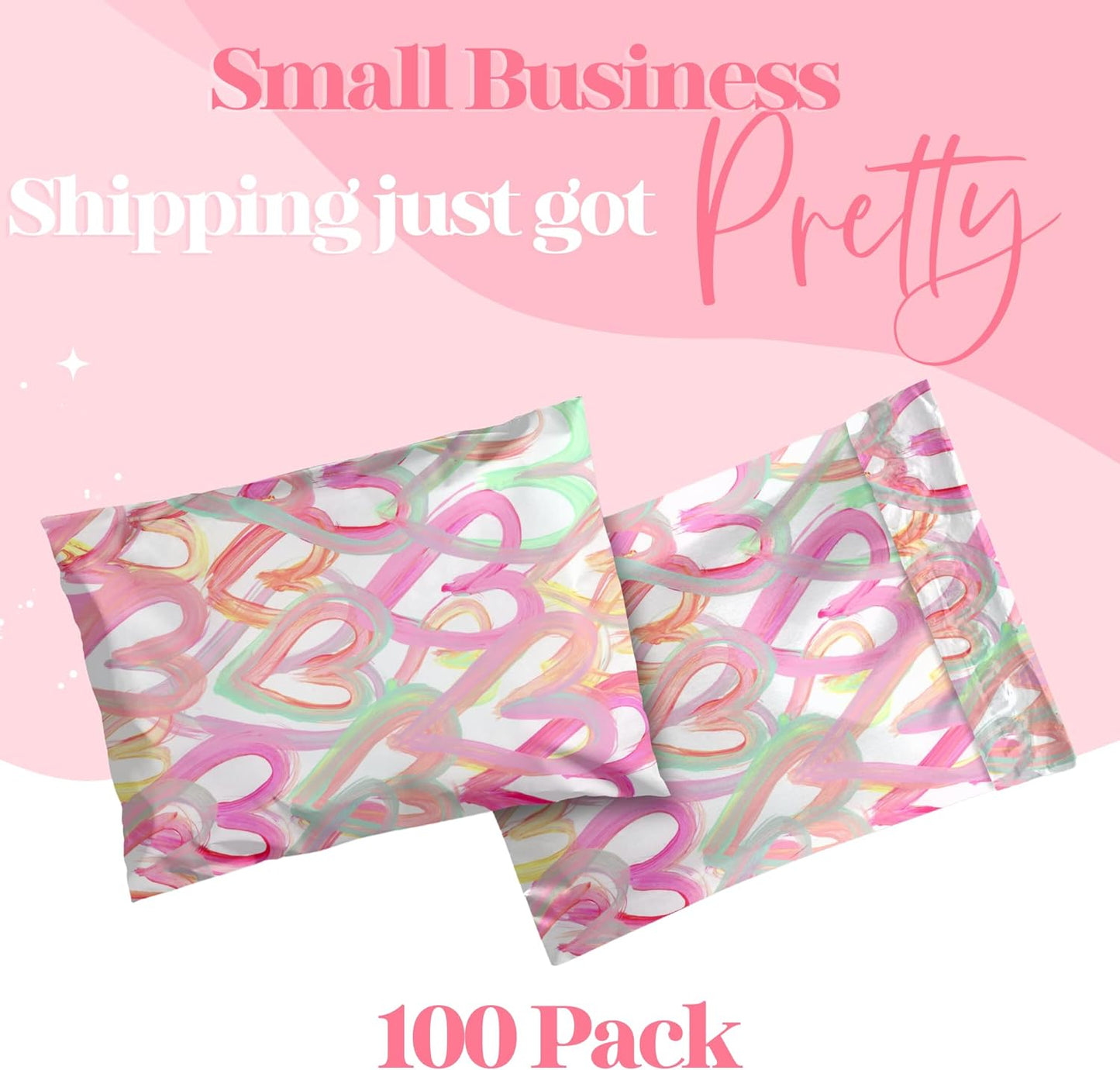 10x13 Designer Poly Mailer 100 Pack Heavy Duty Waterproof Self Seal Shipping Bags for Small Business Large Mailing Envelopes Bulk Tear Resistant Cute Packaging Happy Hearts