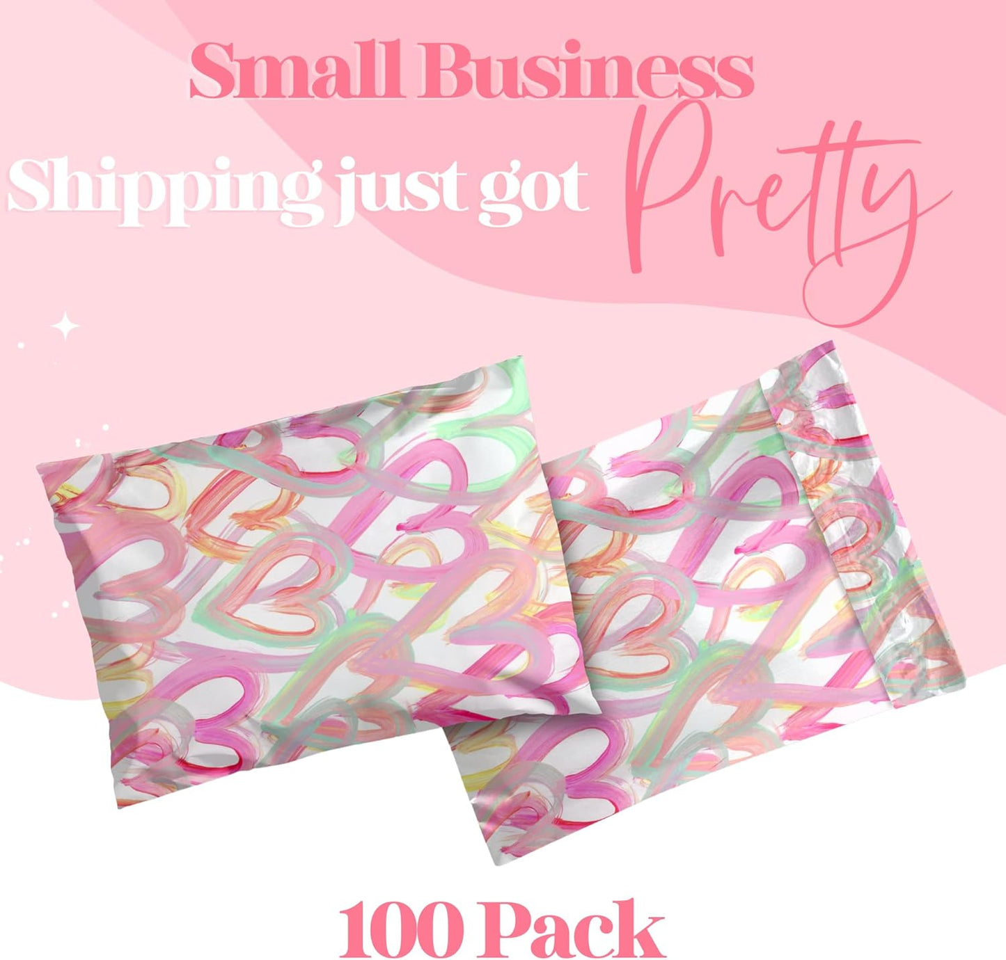 6x9 Designer Poly Mailer 100 Pack Heavy Duty Waterproof Self Seal Shipping Bags for Small Business Large Mailing Envelopes Bulk Tear Resistant Cute Packaging Happy Hearts