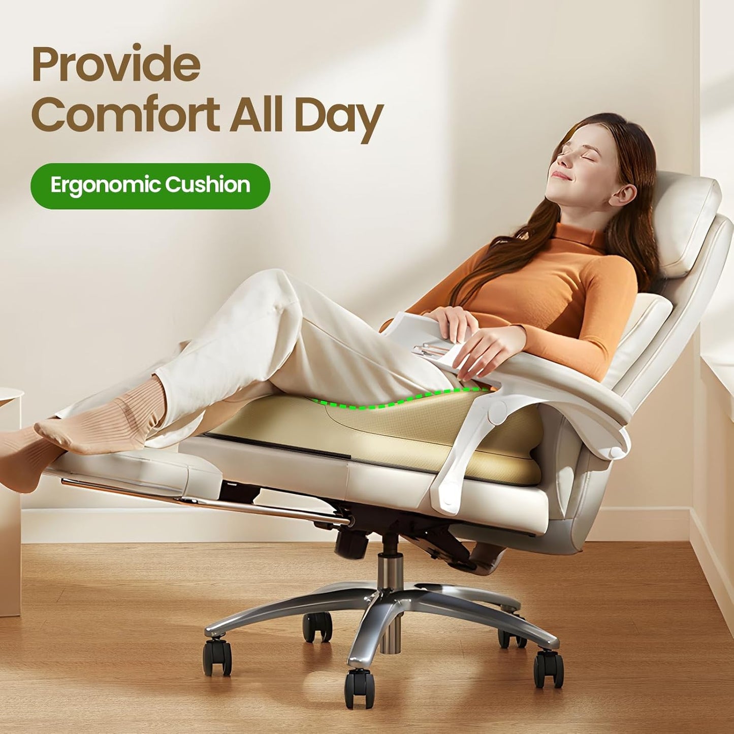 Benazcap Large Seat Cushion for Office Chair Memory Foam Coccyx Pain Relief Cushion Pillow for Back Support Non-Slip Seat Pad for Office Desk, Car Seat, Wheelchair, Sciatica-Beige