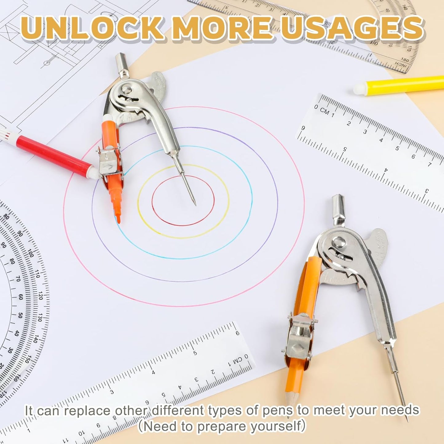 20 Pieces Geometry Math Set Compass for Geometry Math Compass and Protractor Set Include Metal Compass with Pencil Plastic Ruler and Protractor for Student School Office Woodworking Drawing Tools