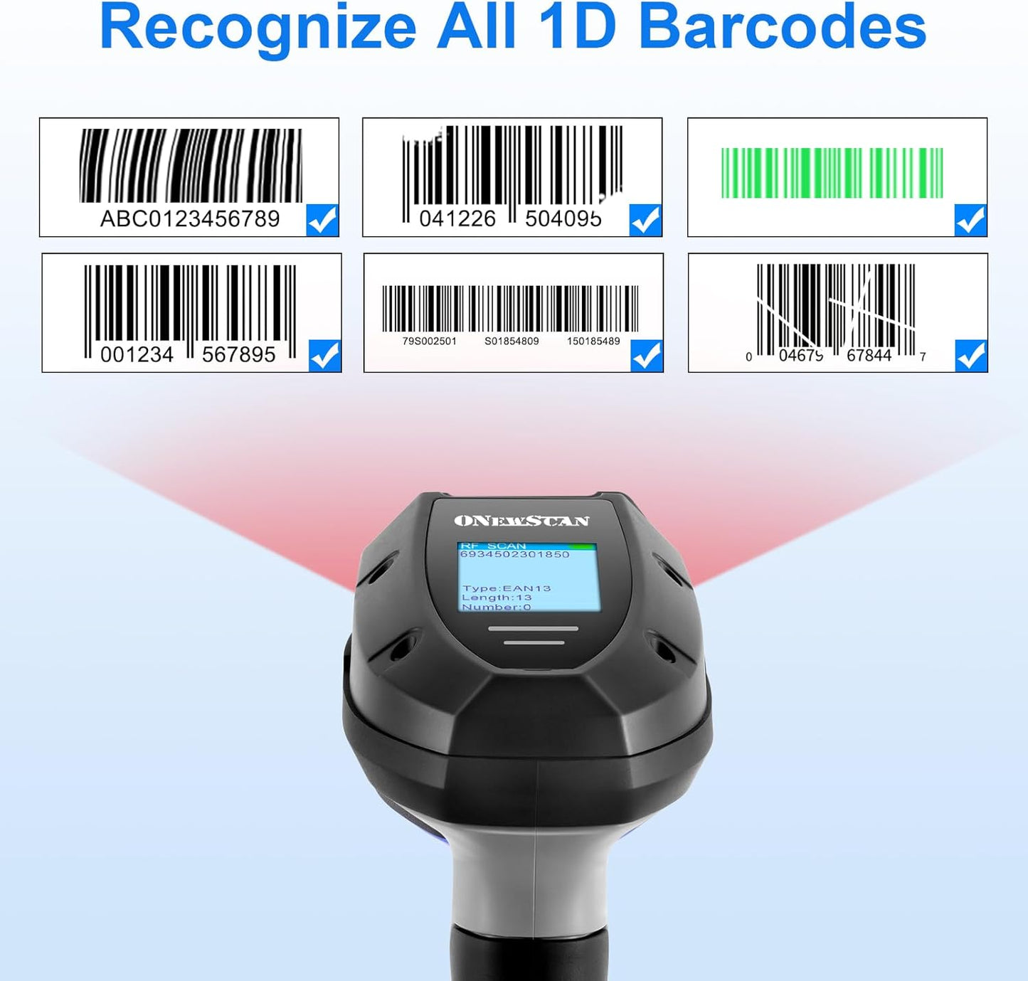 Barcode Scanner Wireless, 1D Laser Bar Code Scanners with Stand 2.4G Wireless & USB Wired Connection Plug and Play 2 in 1 Handheld Barcode Reader with Screen