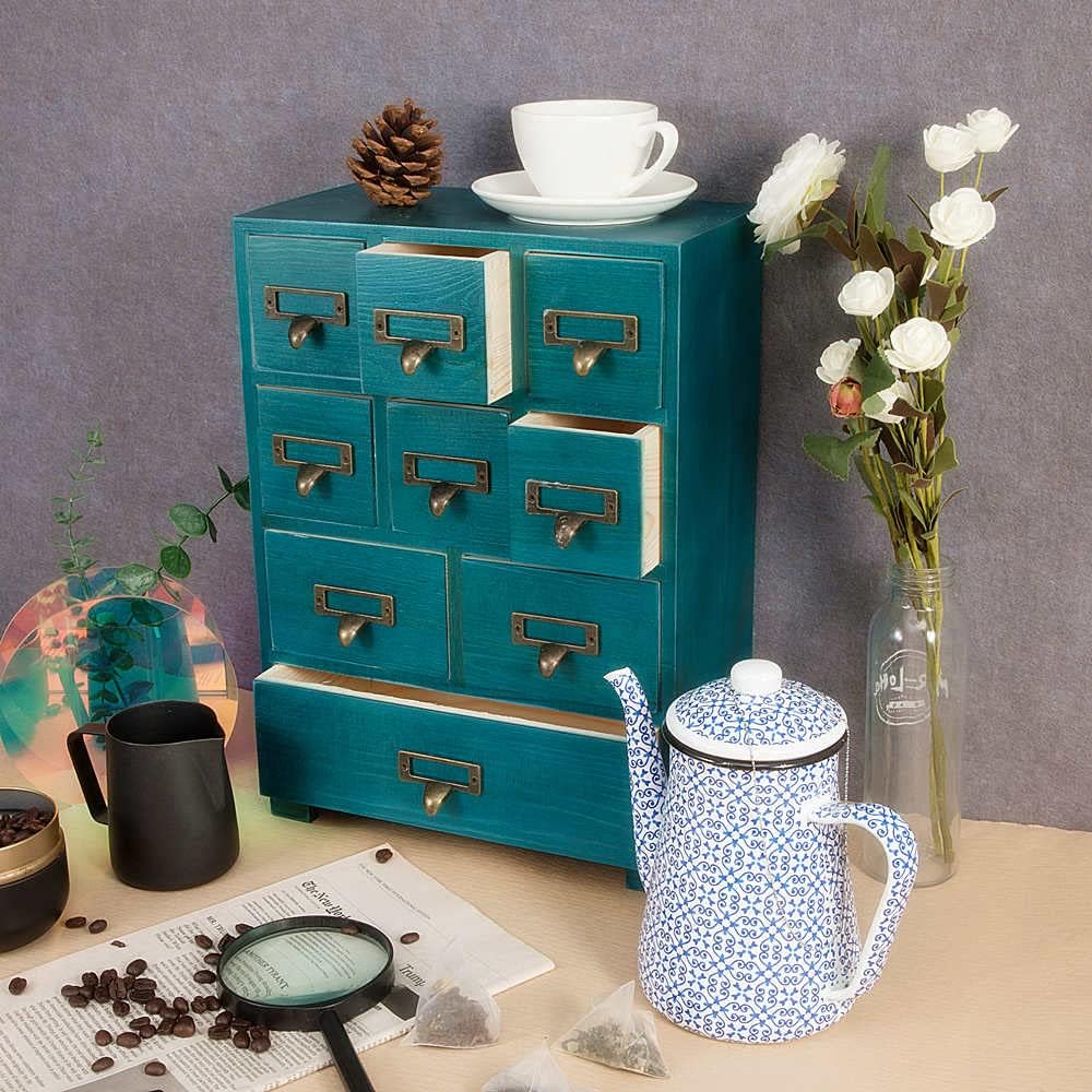 Apothecary Cabinet with 9 Drawers & Labels Rustic Library Card Catalog Cabinet Desktop Wooden Storage Box for Organize Herbal、Tea Bag、Jewelry (Blue)