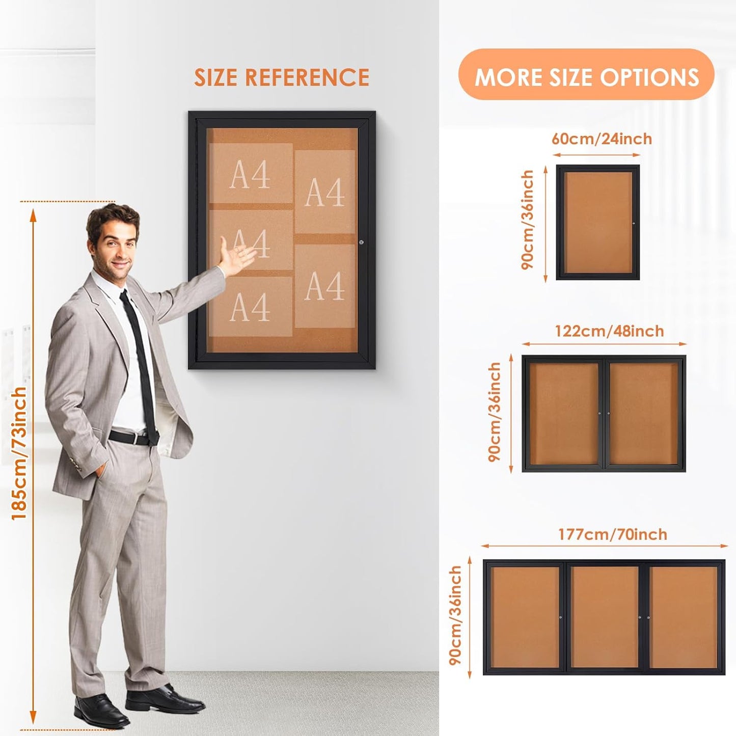 Enclosed Bulletin Board Outdoor Noticeboard with Locking Door, Weather-Resistant, Cork, Black Aluminum Frame, 36 x 24 in