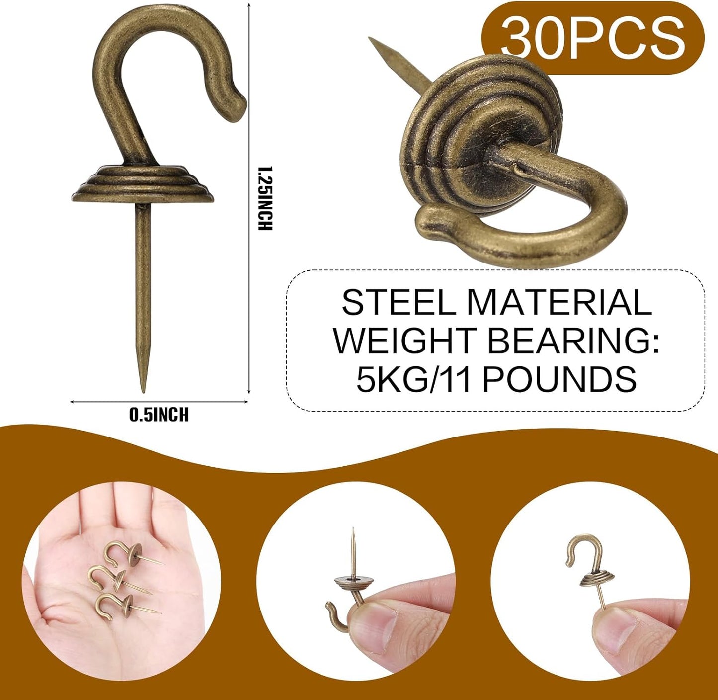 Hotop 30 Pieces Push Pin Wall Hooks Metal Thumb Tack Hangers Iron Alloy Nail Decorative Picture Hooks for 20 Lbs Home Office School Party Supply (Bronze)
