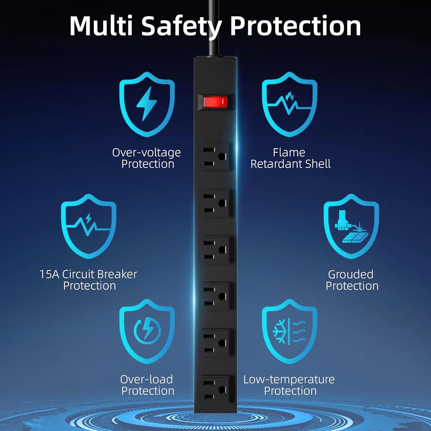 6 Outlet Heavy Duty Power Strip with Long Power Cord,Mountable Power Strip Without Surge Protector for Garage,Industrial,School and Home,15A 125V 1875W,ETL Approved and Listed,Black (8FT)