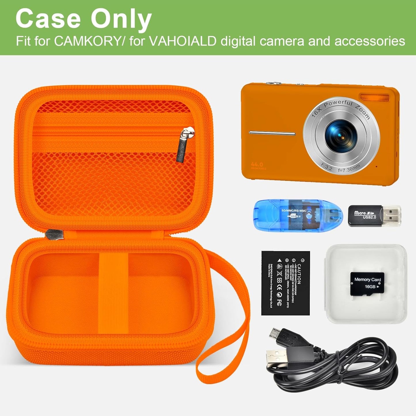 Digital Camera Case Compatible with VAHOIALD FHD 1080P/ for CAMKORY Digital Point and Shoot/for KODAK PIXPRO FZ45-BK 16MP Vlogging/for IWEUKJLO/for Nsoela, Holder for SD Card More- Orange (Box Only)