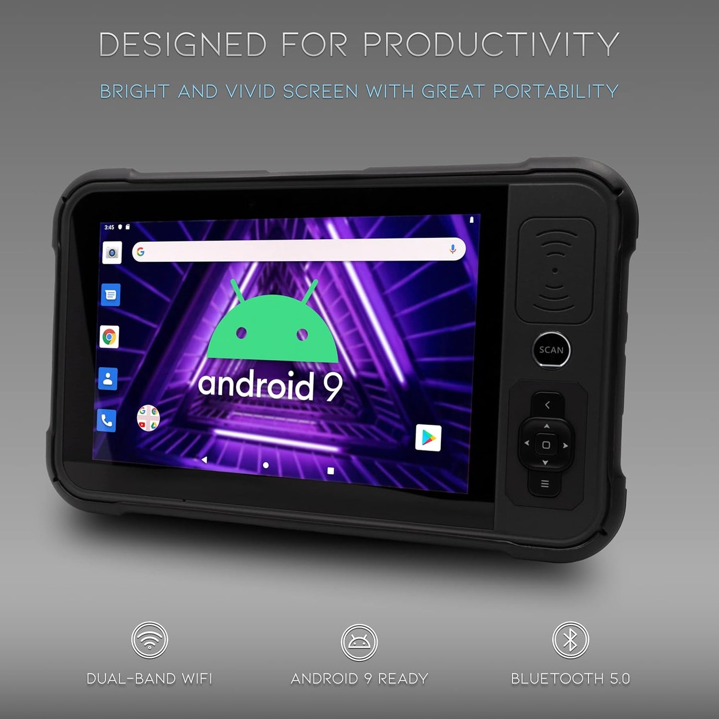 Heavy Duty Android Tablet with Integrated Barcode Scanner, 2D/1D/QR Zebra SE4710 Reader, Android 9, WiFi/GPS/Bluetooth, 8000mAH All-Day Battery (Tablet + Protective Case + Charging Cradle)