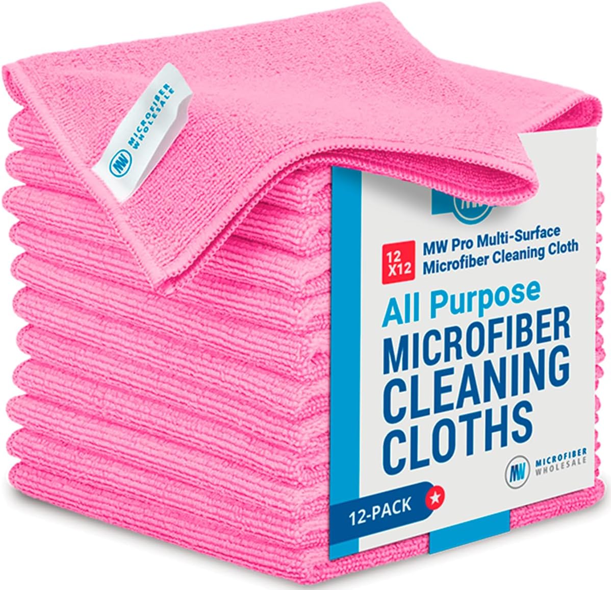 12" x 12" MW Pro Multi-Surface Microfiber Cleaning Cloths | Pink - 12 Pack | Premium Microfiber Towels for Cleaning Glass, Kitchens, Bathrooms, Automotive, Supplies & Products