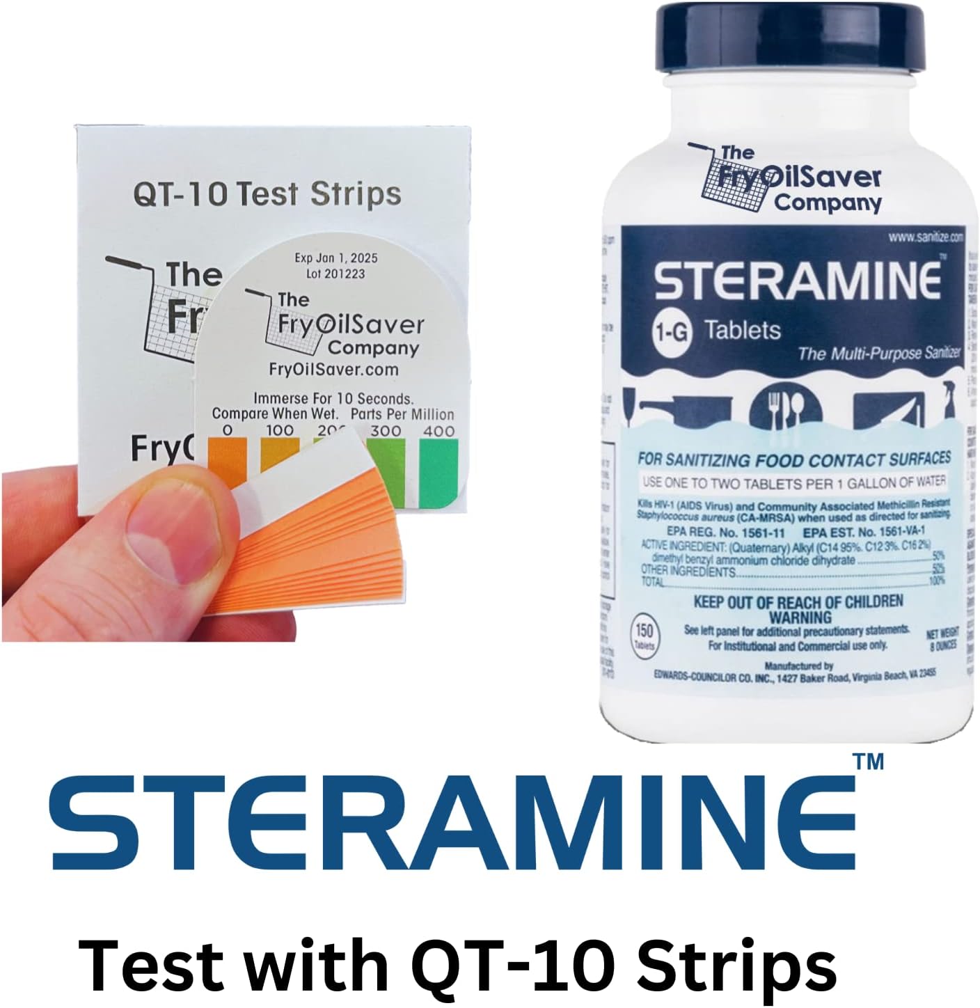 4x Steramine Sanitizer Tablet Bottle by FryOilSaver Co., 4-Pack(600 Tablets) Multi Purpose Sanitizing Tablets for Food Contact Surface, Kitchen, Restaurant Cleaning w/ 15x Test Kit of QT-10 Test Strip
