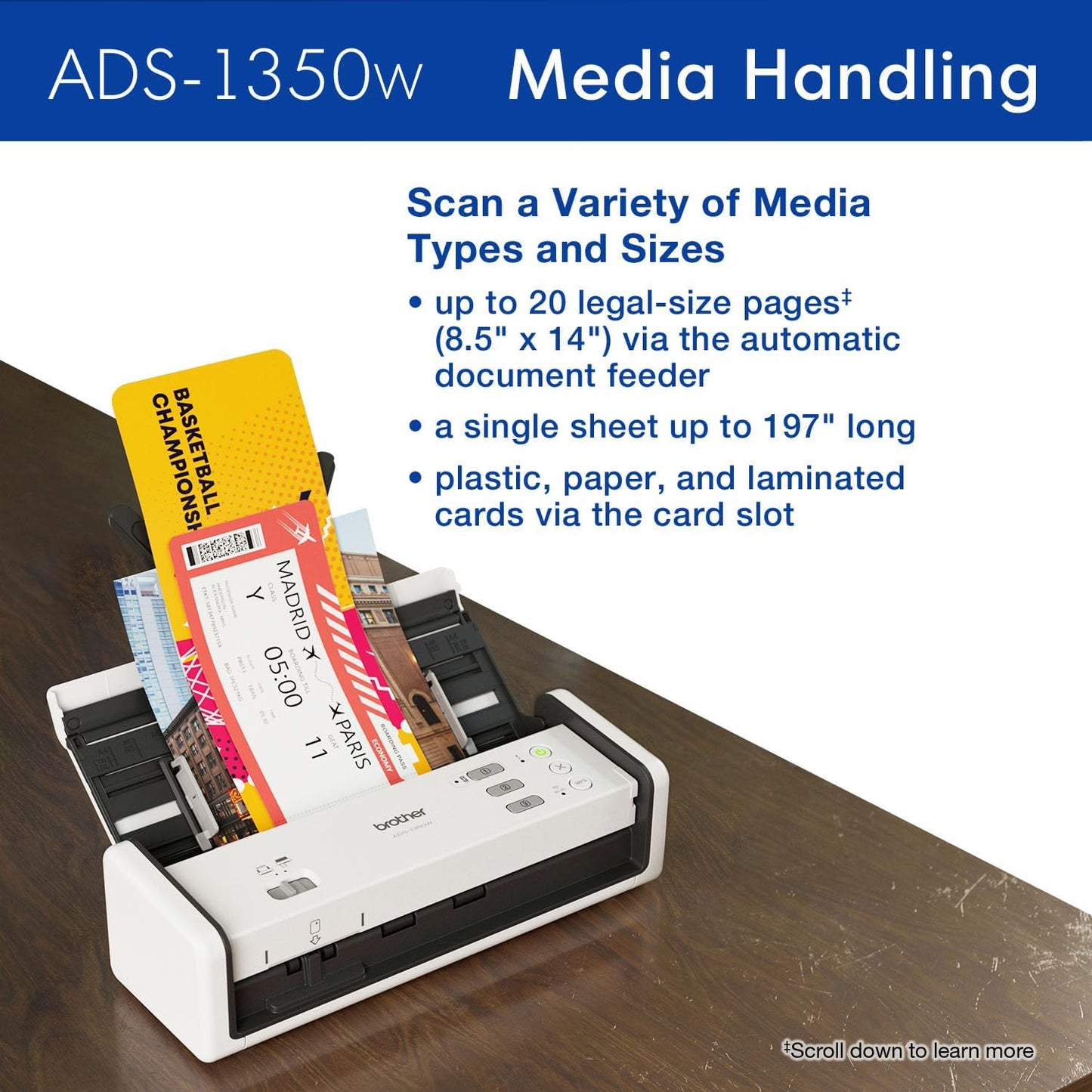 Brother ADS-1350W Wireless Compact Desktop Scanner | Scan Speeds of Up to 30ppm | Single Pass Double-Sided Scanning