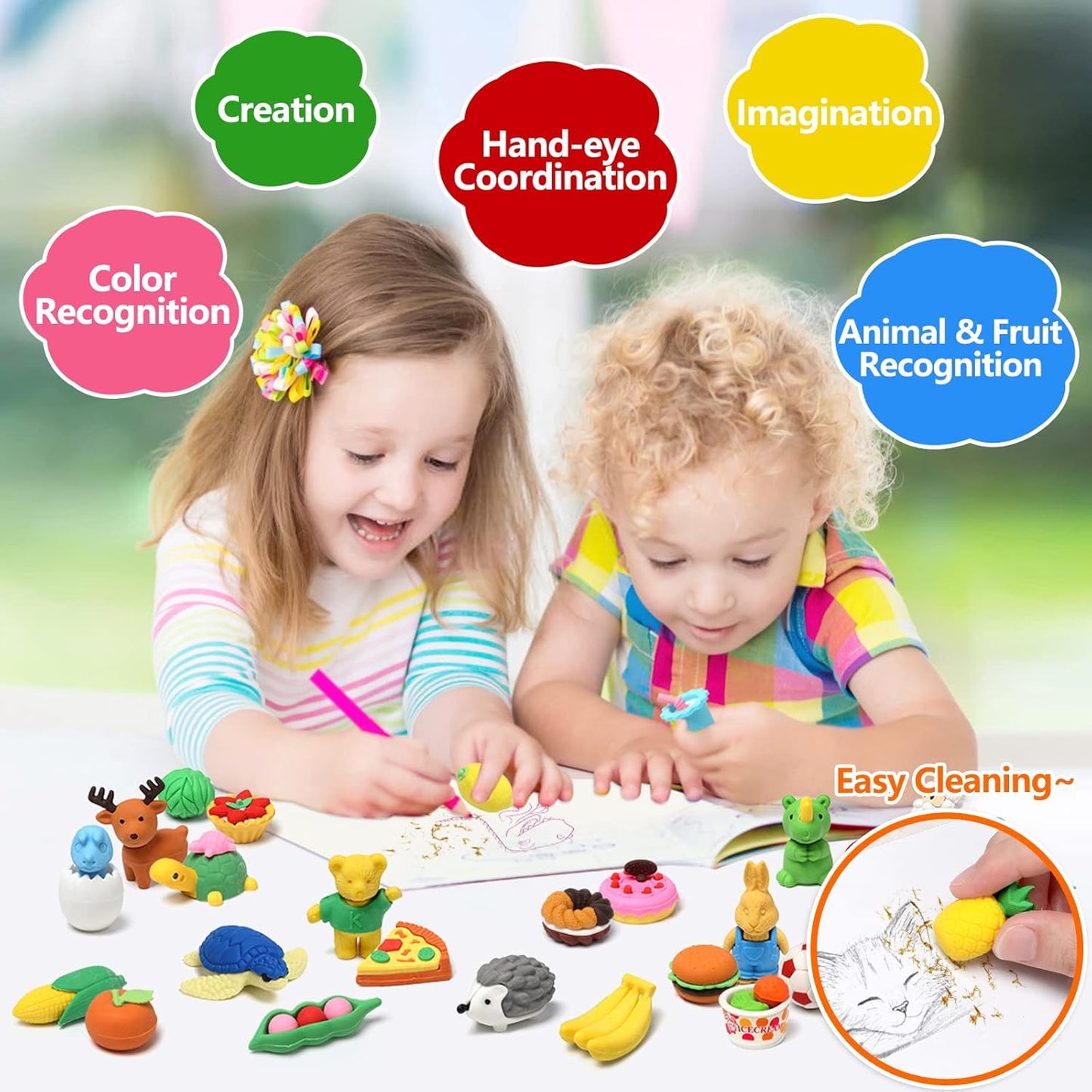 50 Pack Pencil Erasers Animal Eraser for Kids Puzzle Erasers 3D Mini Food Sport Fruit Take Apart Eraser Classroom Rewards Game Prizes Treasure Box Party Favors for Kid Gifts Easter Egg Fillers