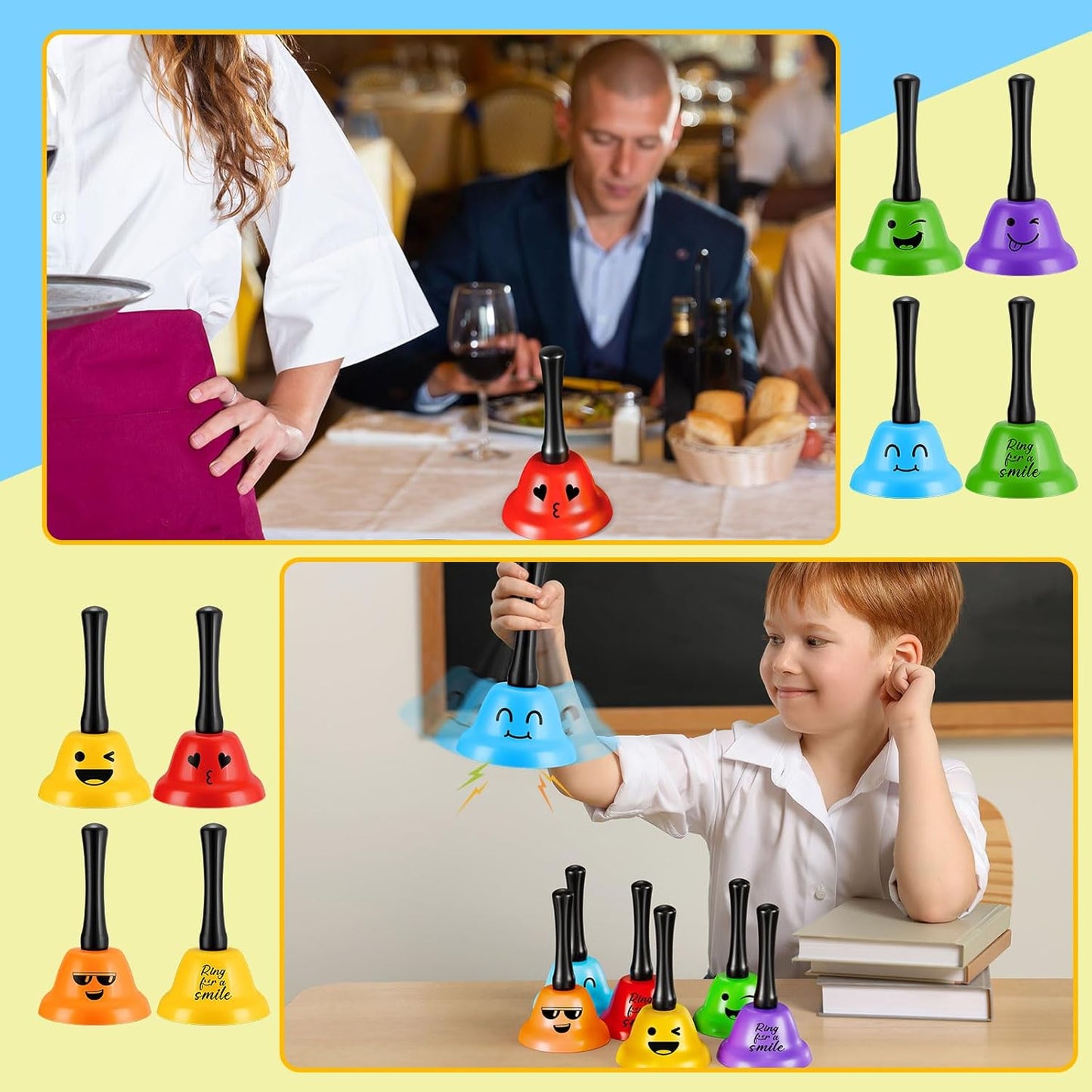 6 Pcs Call Bell Ring Service Hand Bell Smile Ringing for Desk Classroom Hotel Counter Reception Restaurant Food Line, Wedding Events(6 Color)