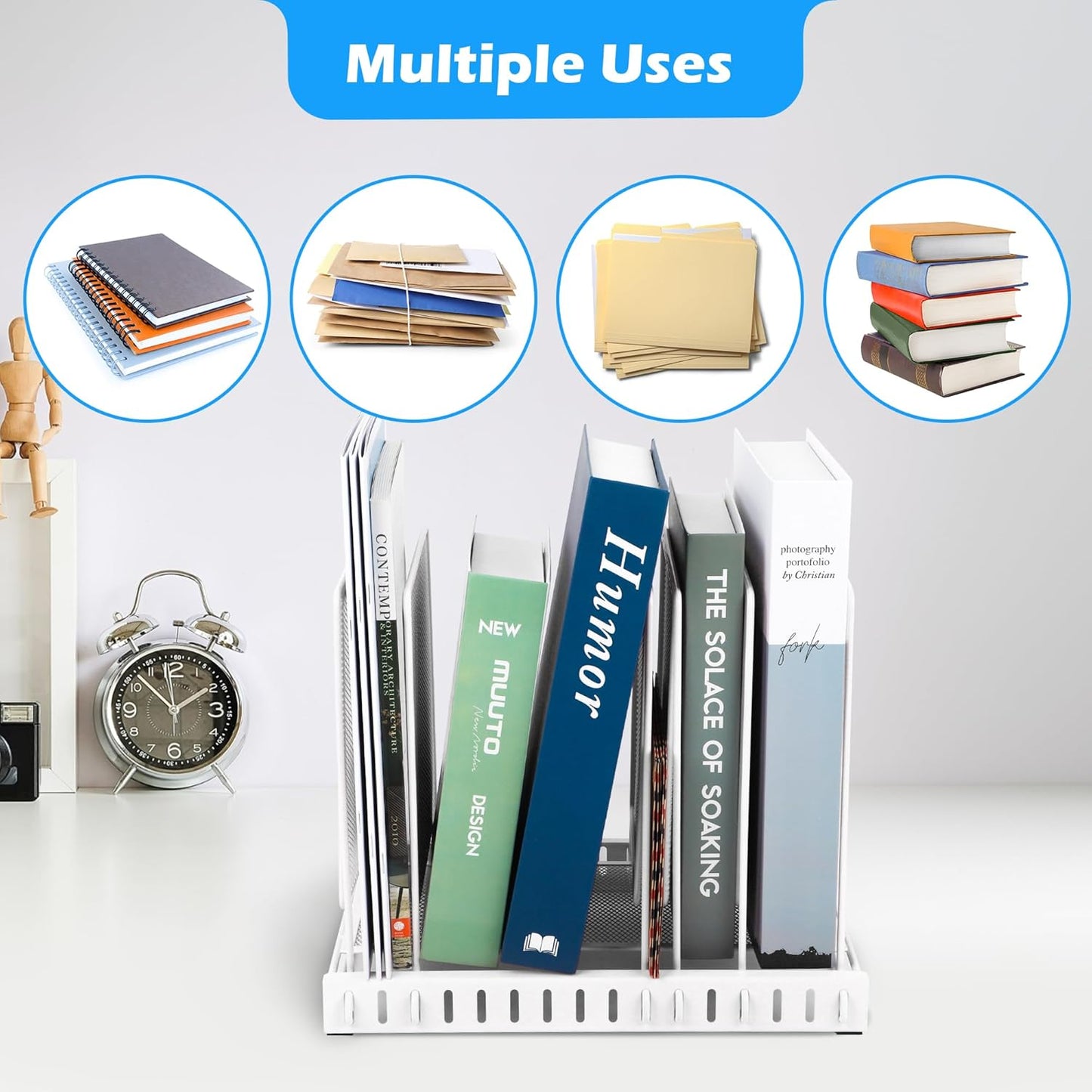 EASEPRES 5 Section Vertical Metal Mesh Desk File Organizer, Spacing Adjustable Upright Desktop Paper Mail Document Magazine Sorter Folder Holder for Workspace Office School Home, White