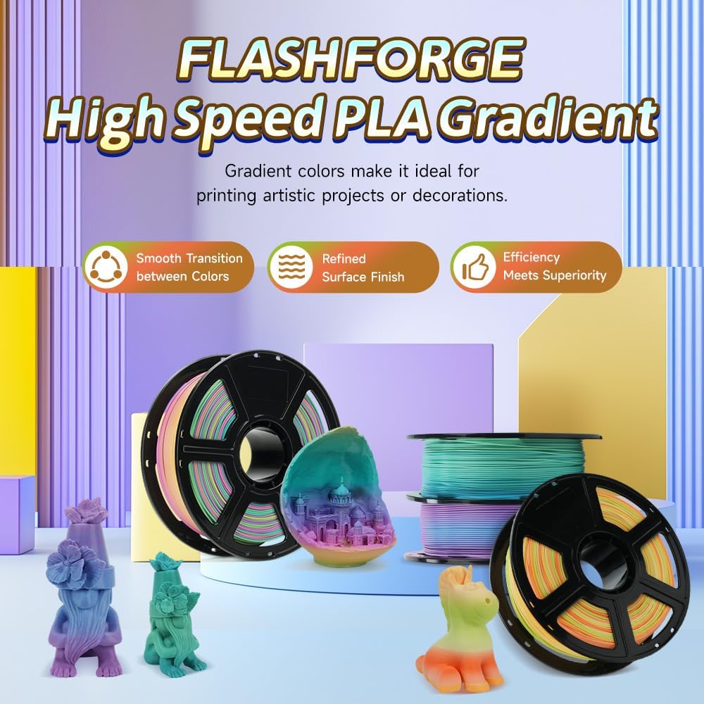 FLASHFORGE Rapid PLA Gradient Filament 1.75mm Rainbow Corals, Transform Colors Smoothly & Fast, High Flow Speedy 3D Printer Filament, Experience Exceptional Performance with 500mm/s Fast Printing