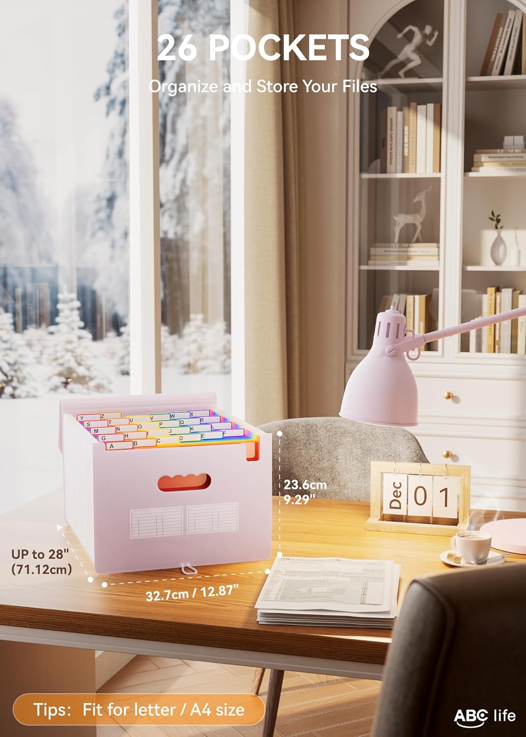 ABC life 26 Pockets Accordion File Organizer, Expanding File Folder, Portable Monthly Paper Bill Tax Receipt Organizer, Letter A4 Size Document Organizer with Blank Labels - Pinkish Purple