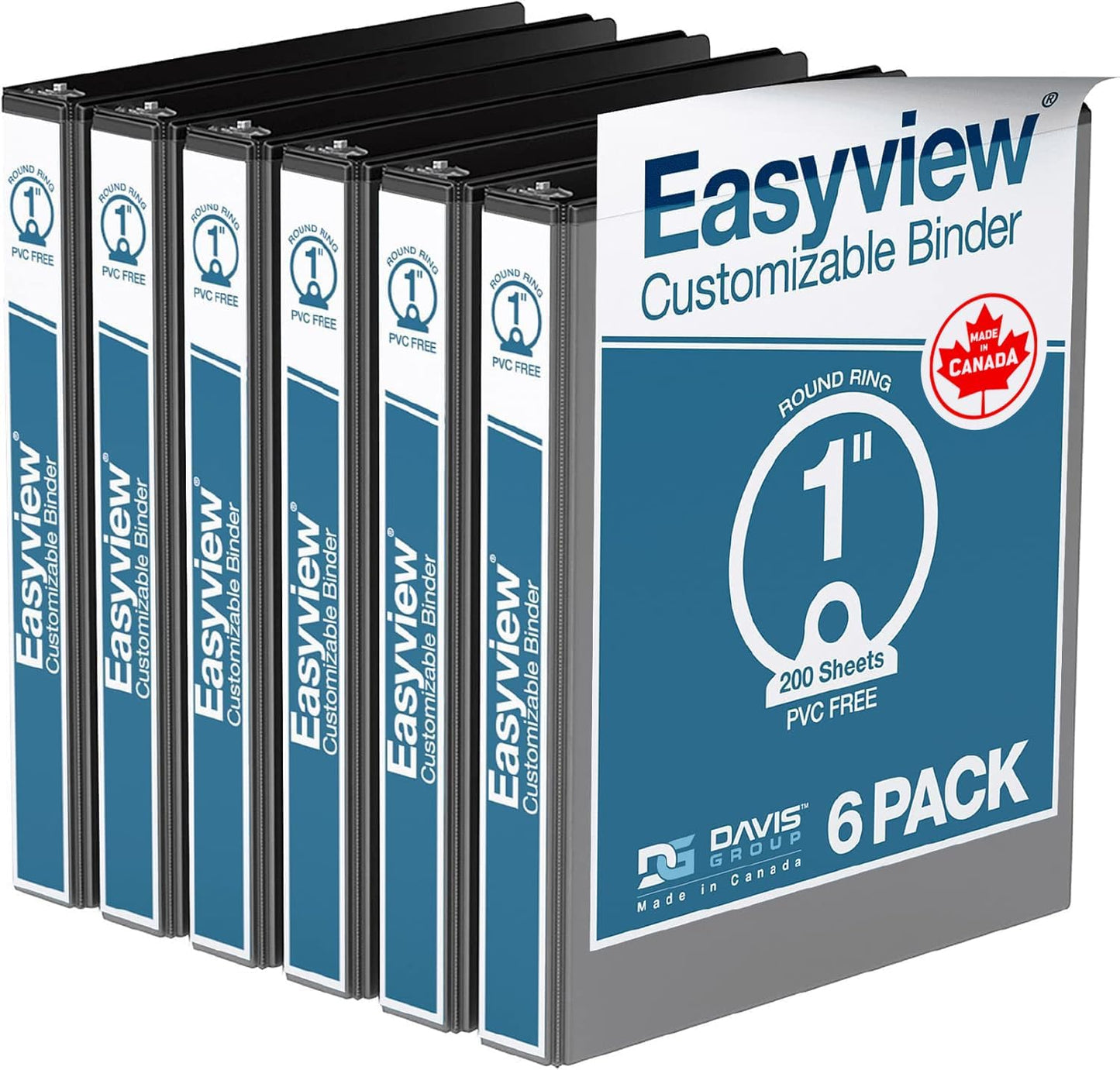 Easyview Premium 3-Ring Binders with Clear-View Covers and Round Rings, Binders for School or Office, 1 Inch, Pack of 6, Black