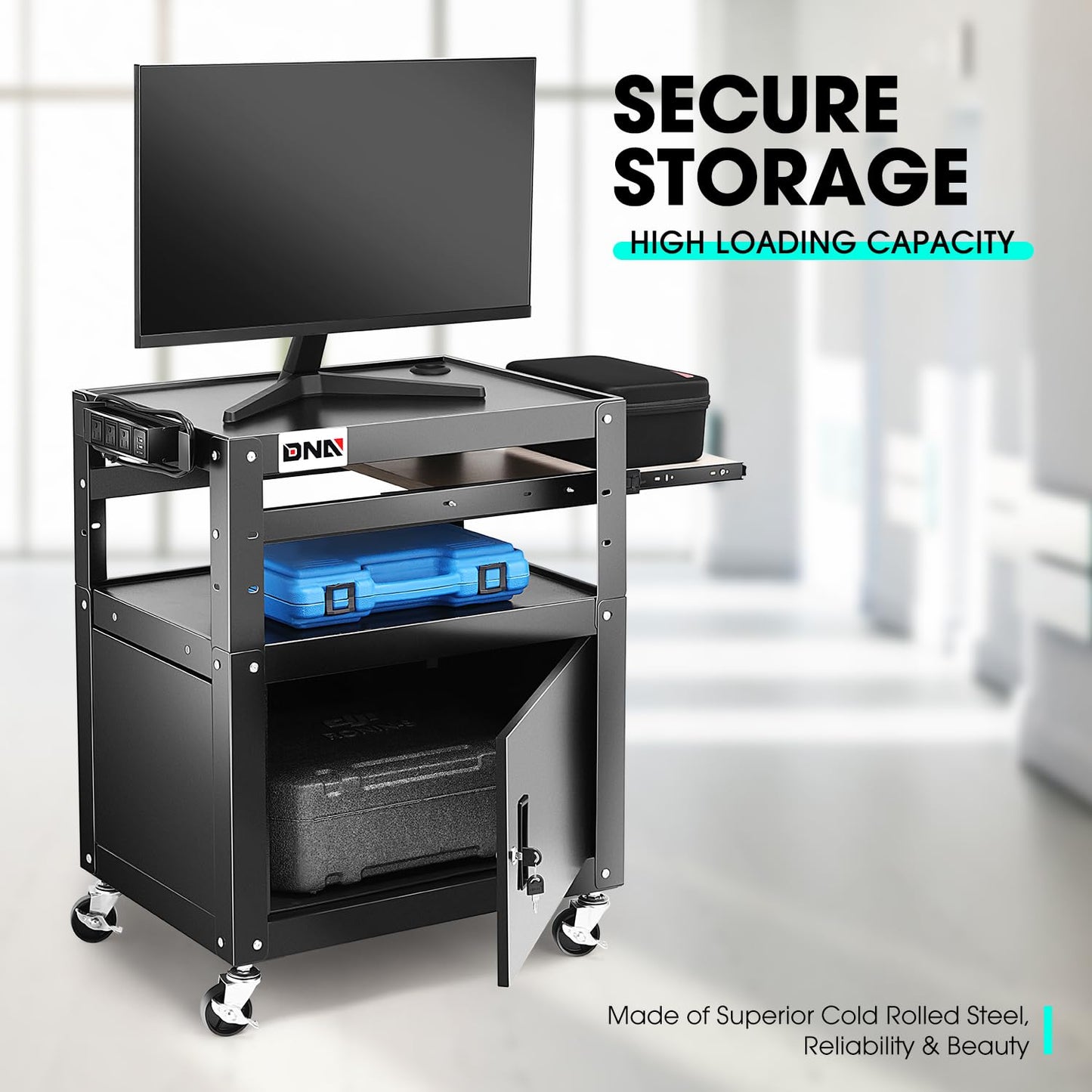 DNA MOTORING Steel AV Cart with Extra Storage, 24" X 18" X 20.7"-30" Height Adjustable 2-Layer Utility Rolling Projector Cart w/Wheels, Pull Out Tray, Power Strip, Cord Management, TOOLS-00496