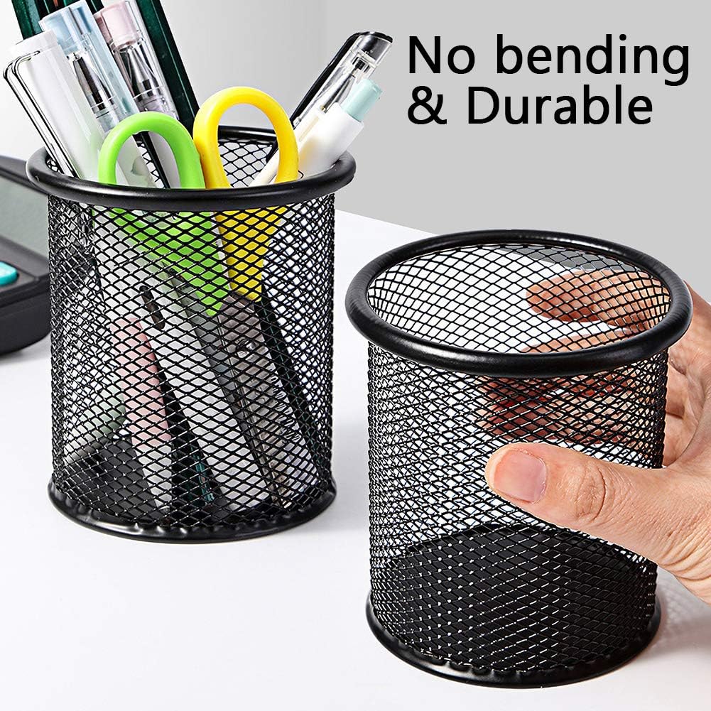 Ameceres 4 Packs Wire Mesh Pencil Holder Metal Pen Cup Desk Pen Organizer Case Pencil Jar Black for Office Home (Silver)