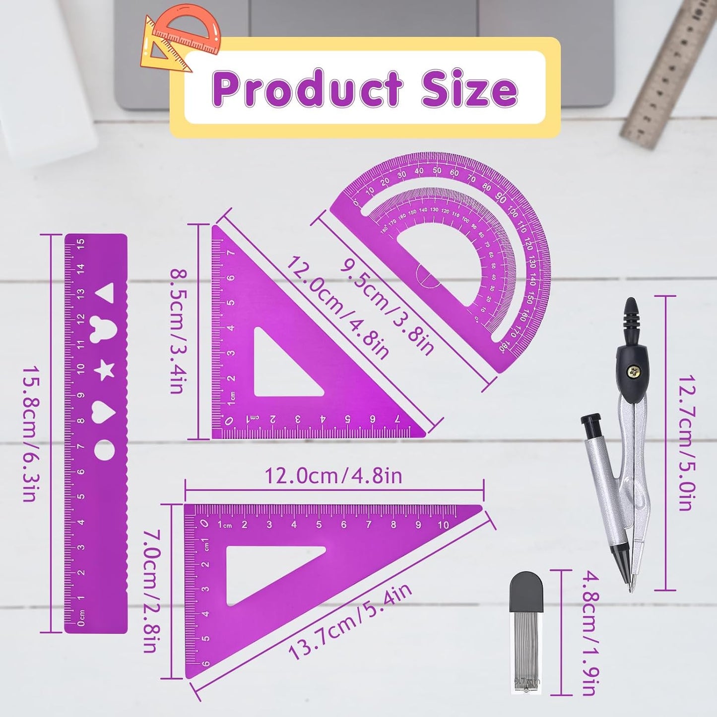 6 Pcs Metal Geometry Set, Math Geometry Kit, Metal Ruler Set and Compass Geometry Tool, Rulers Protractor and Compass Set for Student School and Drawings Supplies (Purple)