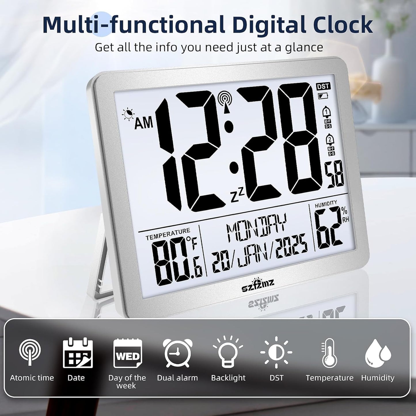 Digital Wall Clock Battery Operated with Backlight, Atomic Alarm Clocks with Indoor Temperature & Humidity for Bedrooms, Office, 8.5" Small Desk Clock with Large Display for Seniors, Auto DST, Sliver