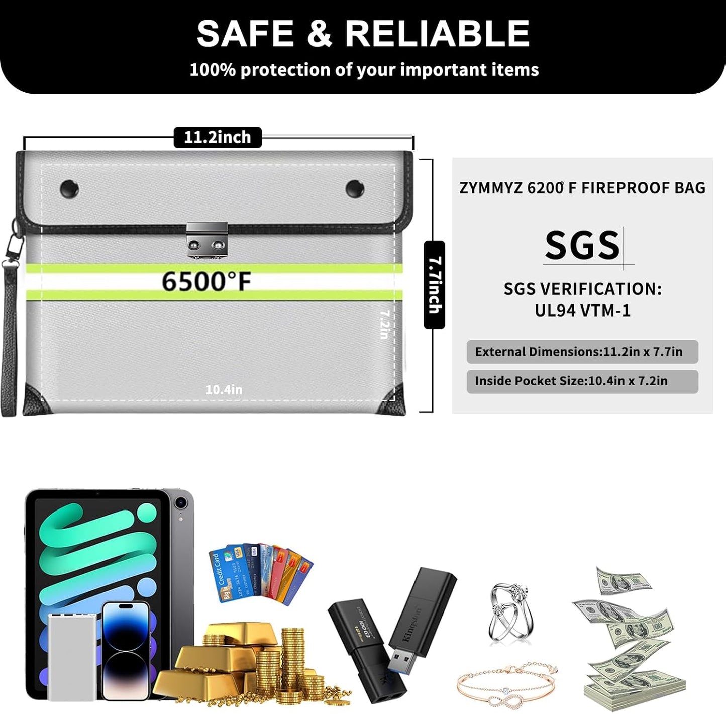 Fireproof Document Bag with lock Water Resistant Zipper,6200°F Heat Insulated Fire Proof Pouch with Soft Leather Hand Strap,Fire Envelope for Cash,Documents,Jewelry（Not Suitable for A4 Files）