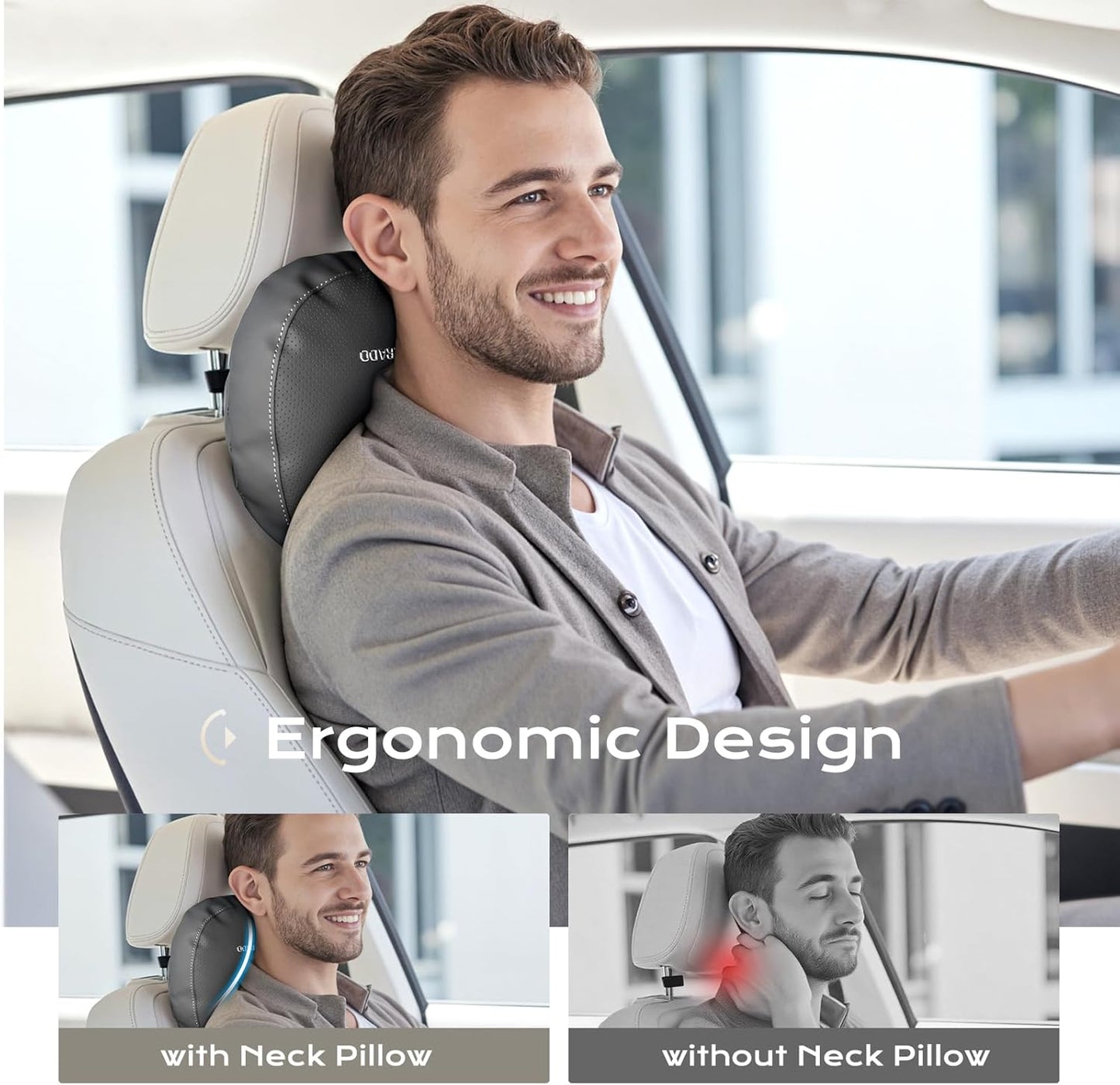 Coverado Leather Car Headrest Pillow Car Neck Pillow with Adjustable Strap, Head Support Rest Driver Relax Head Muscles Relieve Driving Fatigue, Breathable & Removable Cover, Gray