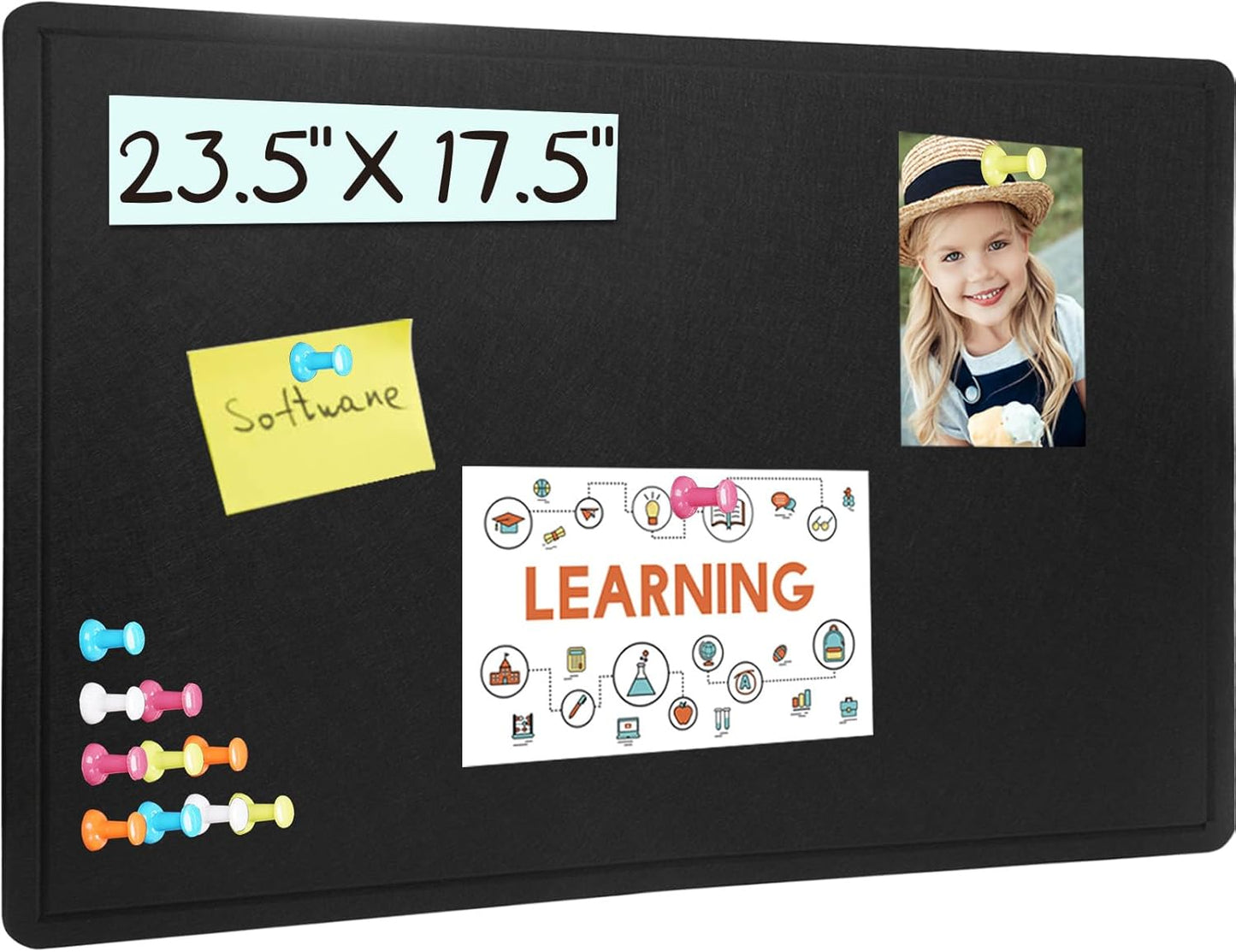 Bulletin Board, 23.5 X 17.5 inches Cork Board with 20 Pushpin, Felt Cork Board Notice Pin Board, Self-Adhesive Vision Board Mood Board Foldable Photo Board for Wall - Black