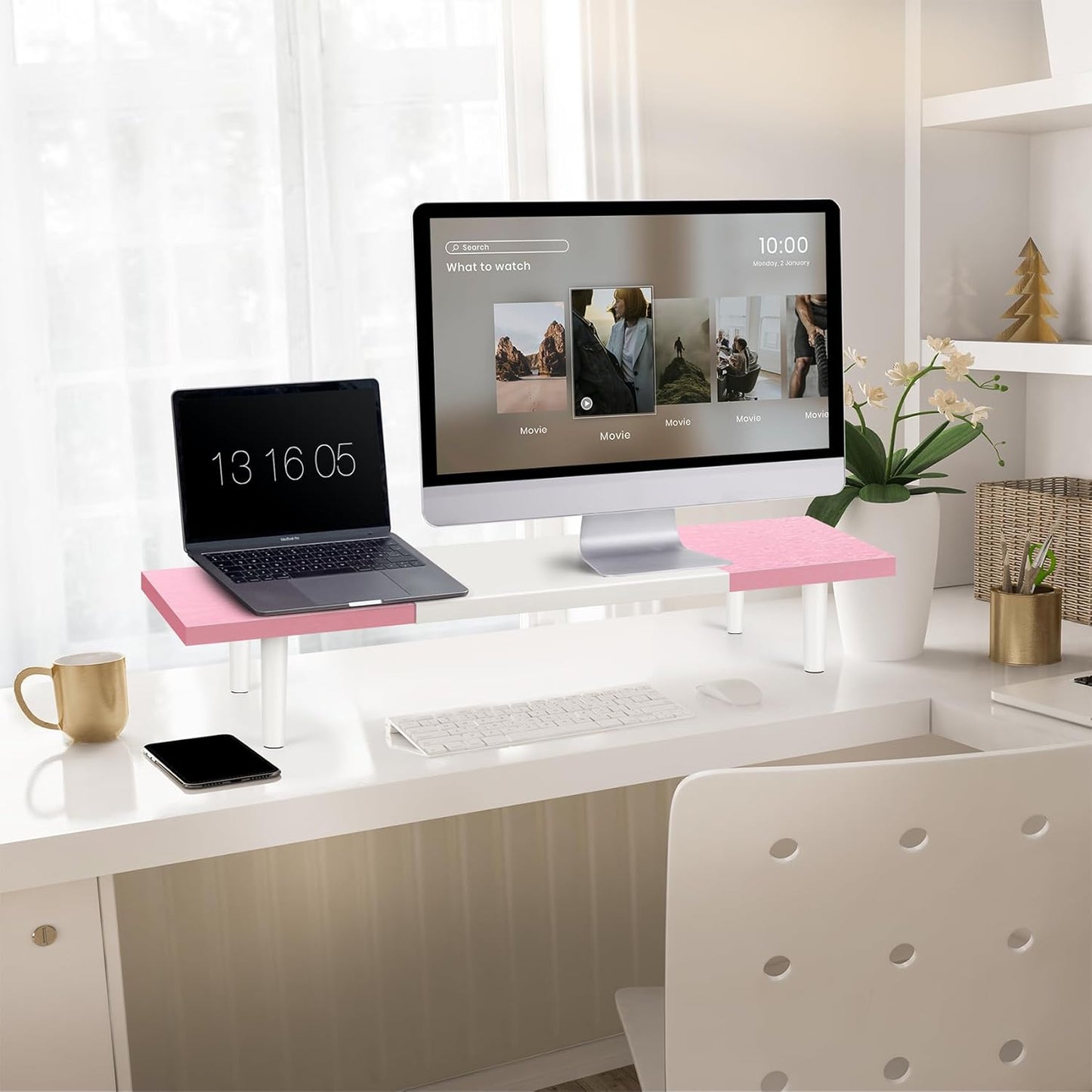 Dual-Monitor-Stand-Riser-For-Desk Adjustable Length 32-40 Inch，Large Desktop Computer Monitor Riser For 2 Screens，Desk Shelf Organizer Riser Stand For Computer/Laptop/PC/Printer/TV