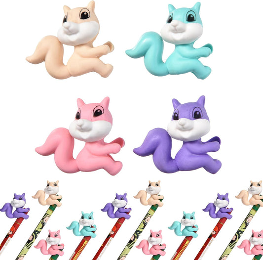24Pcs Pencil Top Erasers for Kids, Squirrel Pencil Erasers Toppers Bulk, Cute Cap Erasers for Party Favors Classroom Rewards