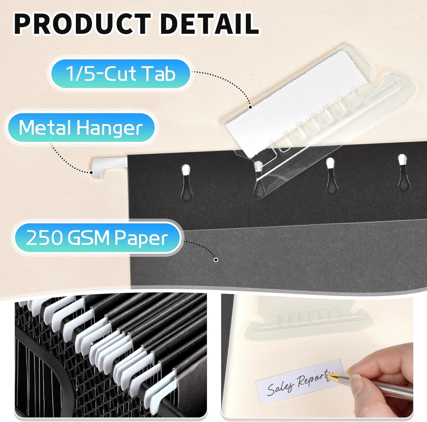 25-Pack Black Hanging File Folders, Letter Size (8.5" x 11Inch), Includes 35 Transparent Label Cards & 50 Sticker Labels,1/5-Cut Tabs for Home & Office Organization