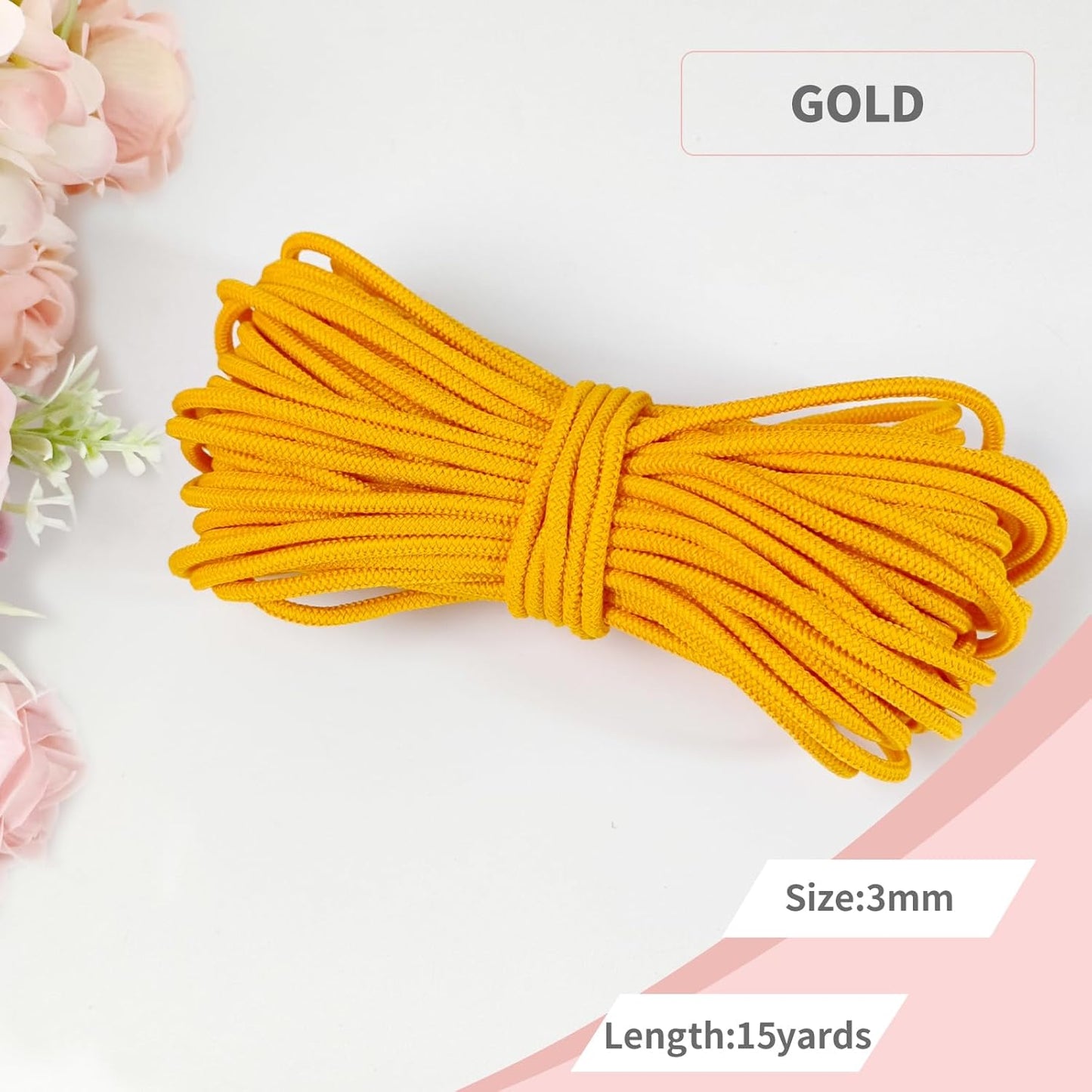 3mm Gold Elastic Cord 45ft - 1/8 inch Strong No-Slip Bungee String for Crafts, DIY Projects, Kayak Tie Downs, Camping Gear, Sports Gear, DIY Crafts, Hair Bands, Sewing & Shoe Laces