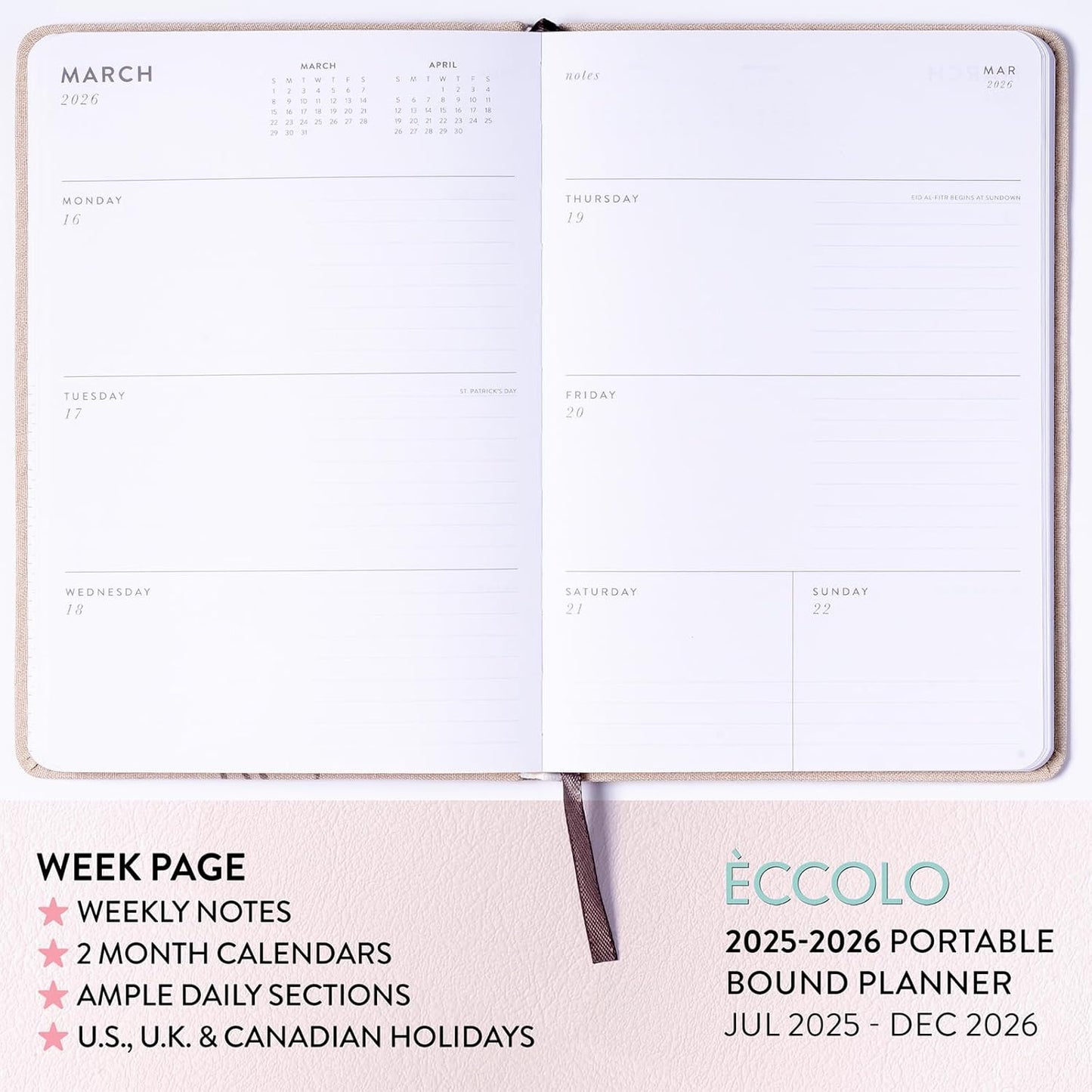 2025-2026 Eccolo 18 Month Linen Bound Planner, Monthly & Weekly Pages (5.25 x 7.75" - July 2025 - Dec 2026)