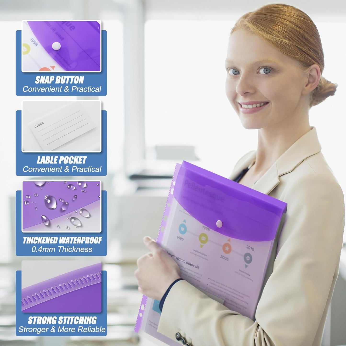 Binder Pocket Organizer Folders, 12 Pack Expandable Files Bag Plastic Envelopes Binder Folders with 11 Holes for 2/3/4 Ring Binder, Document Pouch with Snap Button and Label for School Office Home