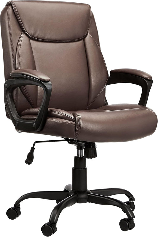 Amazon Basics Classic Puresoft PU Padded Mid-Back Height Adjustable Office Computer Desk Chair with Armrest, 25.75"D x 24.25"W x 42.25"H, Brown